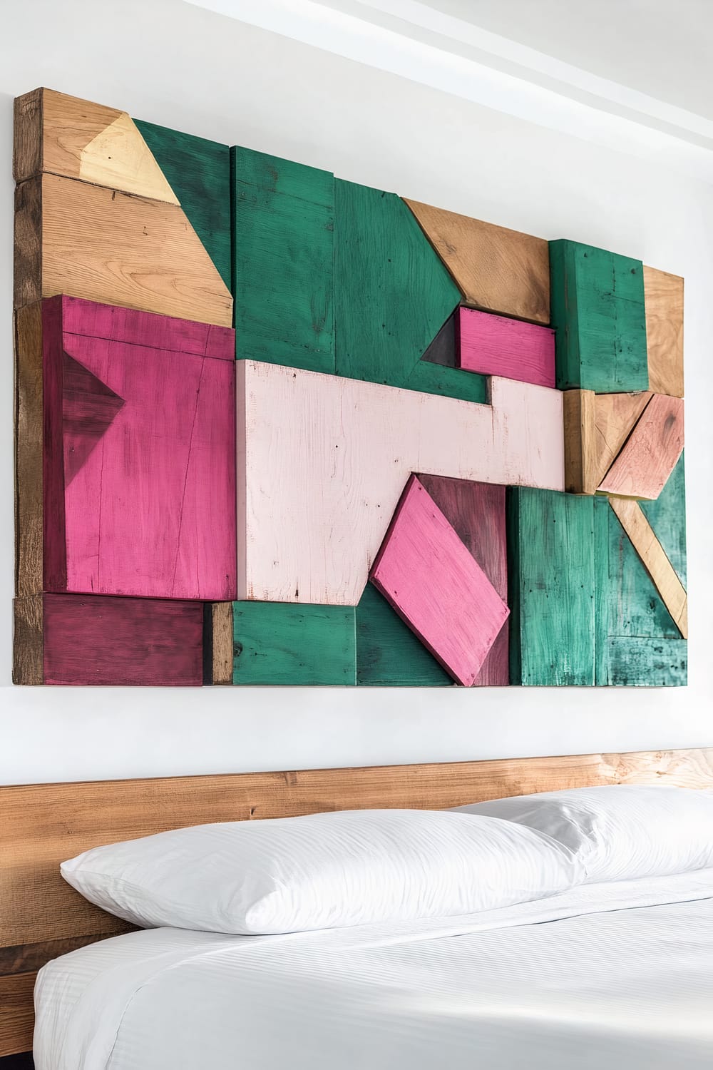 A bedroom with minimalist white linens and a wooden headboard. Above the bed hangs a large piece of scrap wood wall art made of various reclaimed wood pieces painted in bold colors like emerald green and vibrant pink, highlighted by dramatic side lighting.