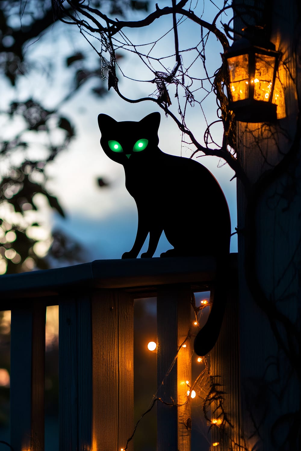 A haunting Halloween scene featuring a black cat silhouette with glowing green eyes perched on a wooden fence at dusk. The cat is surrounded by cobwebs and softly glowing lanterns, with a twilight sky in the background.