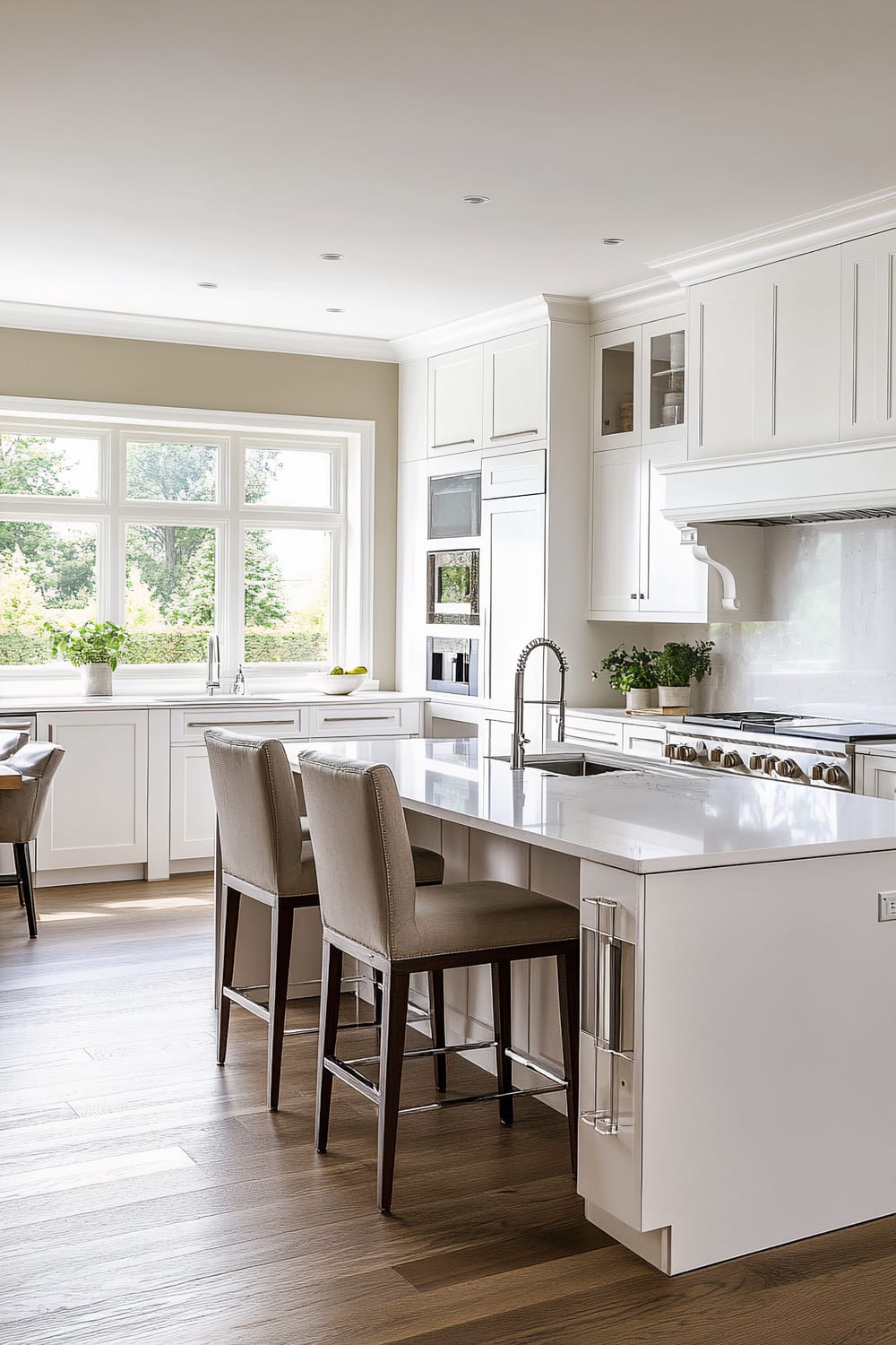 A modern kitchen features a predominantly white color scheme with clean lines and a spacious layout. The countertops are a sleek, luminous white, matching the cabinetry, which extends to the ceiling. High-end stainless steel appliances, including a built-in double oven and stovetop, are seamlessly integrated into the cabinetry. The kitchen island provides seating with two upholstered beige chairs and includes a modern faucet and sink. A large window floods the space with natural light, offering a view of greenery outside. Potted plants add a touch of nature to the otherwise minimalist design.