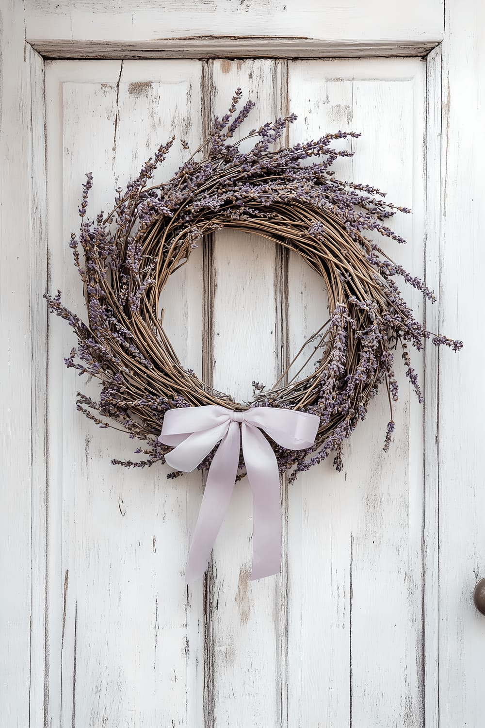 A rustic DIY spring wreath adorned with dried lavender blossoms and pastel ribbons is hung on an old, repainted white wooden door. The wreath is made of tangled willow branches, forming a circular shape that symbolizes the never-ending cycle of seasons. The image conveys a sense of simplicity and serenity, encapsulating the essence of spring charm.