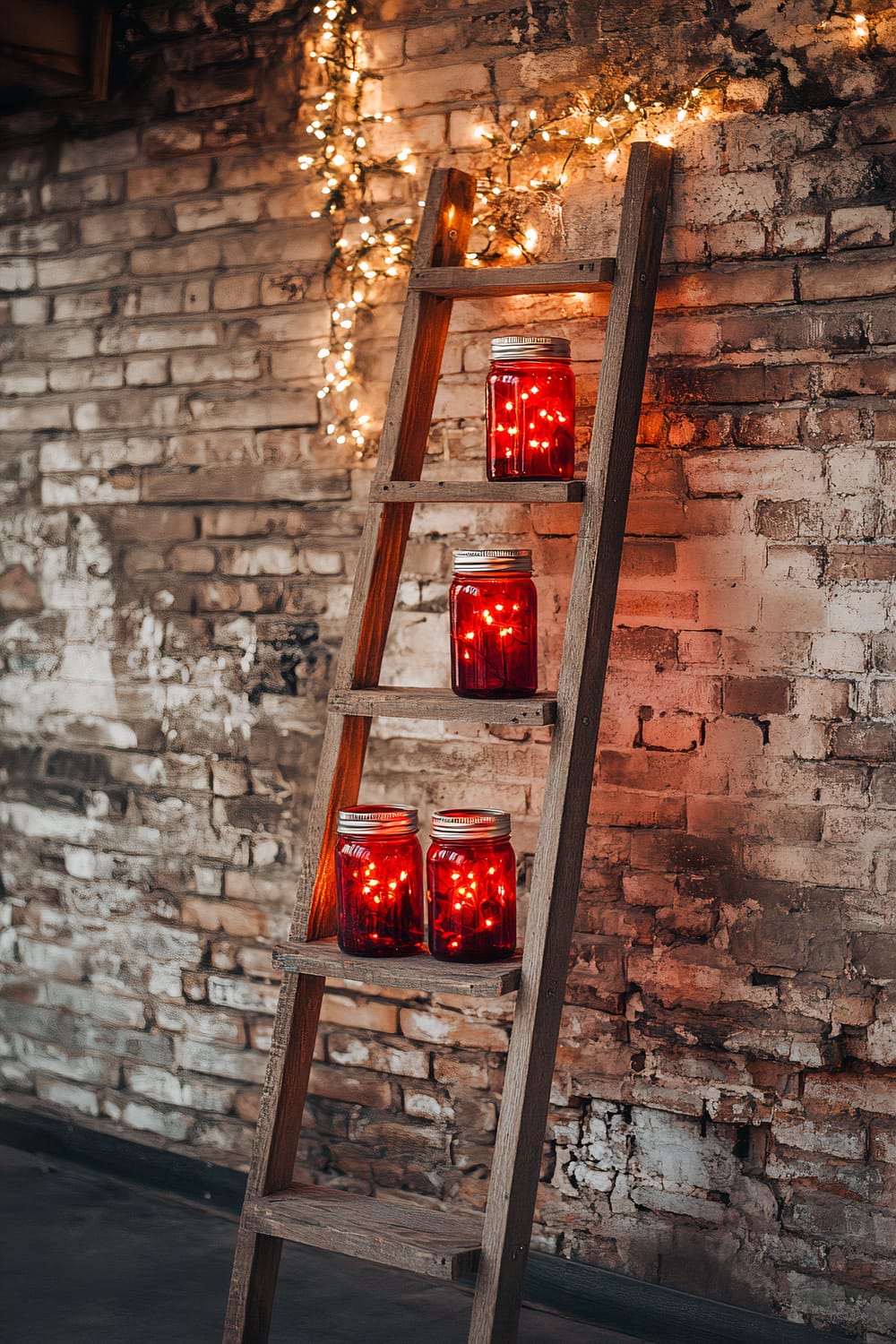 A rustic wooden ladder placed against a textured brick wall, decorated with three red mason jars containing fairy lights. The wall is also adorned with string lights, adding a warm, festive glow to the scene.