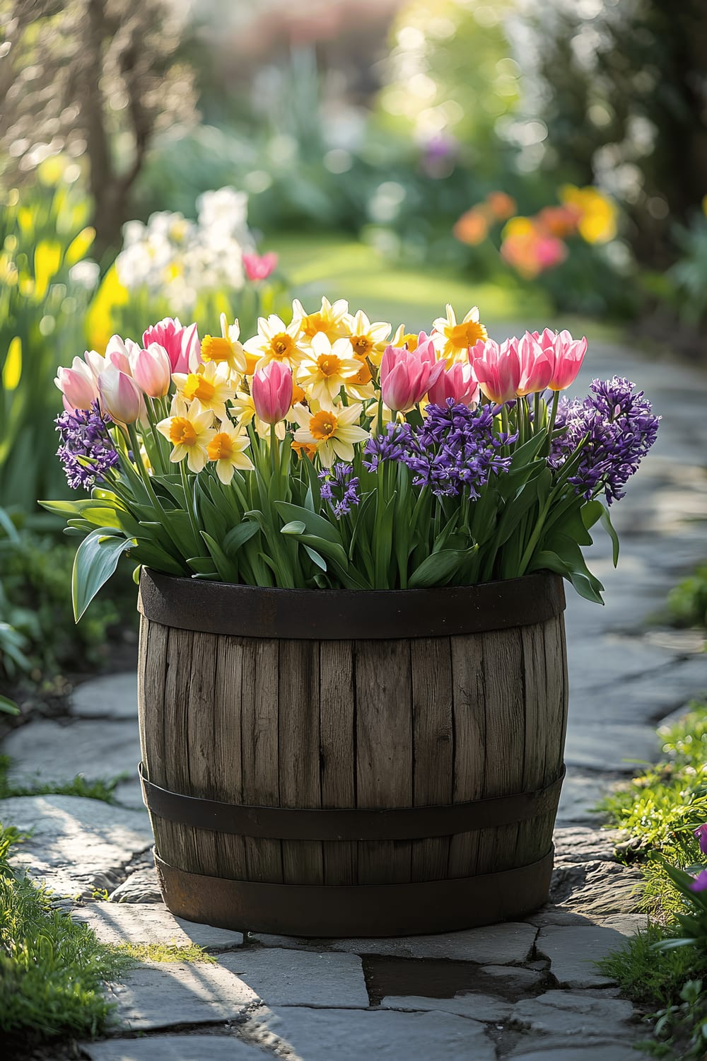 A wooden barrel planter filled with blooming daffodils, tulips, and hyacinths in shades of yellow, pink, and purple, placed on a stone garden path in morning sunlight.