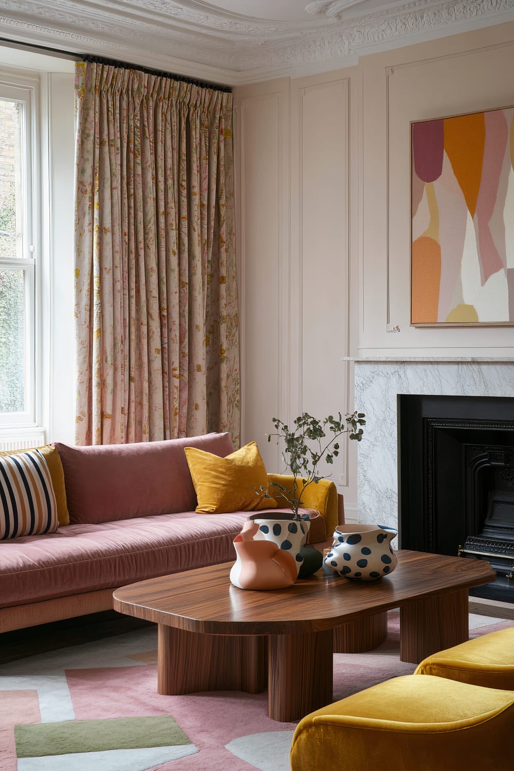 A townhouse living room featuring a pink velvet sofa and a mustard-yellow armchair. A wooden coffee table with abstract ceramic vases is in the center. The room includes geometric-patterned curtains, a sleek marble fireplace, and a painting with abstract patterns. Built-in benches with striped cushions and a layered area rug are also visible.