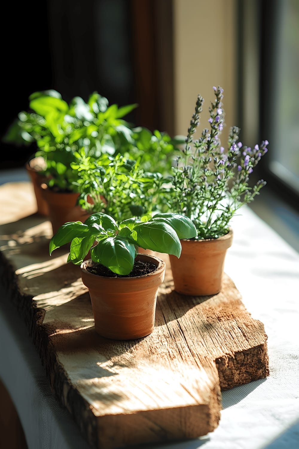 An eco-chic centerpiece on a kitchen table composed of a slab of reclaimed wood arranged with small potted herbs such as basil, cilantro, and mint interspersed with sprigs of lavender and rosemary. Complementary decorations include recycled glass beads and petite terracotta pots, all arranged on a light linen runner. Penetrating sunlight illuminates the arrangement creating crisp shadows and highlighting the natural textures of the sustainable materials and fresh greenery.