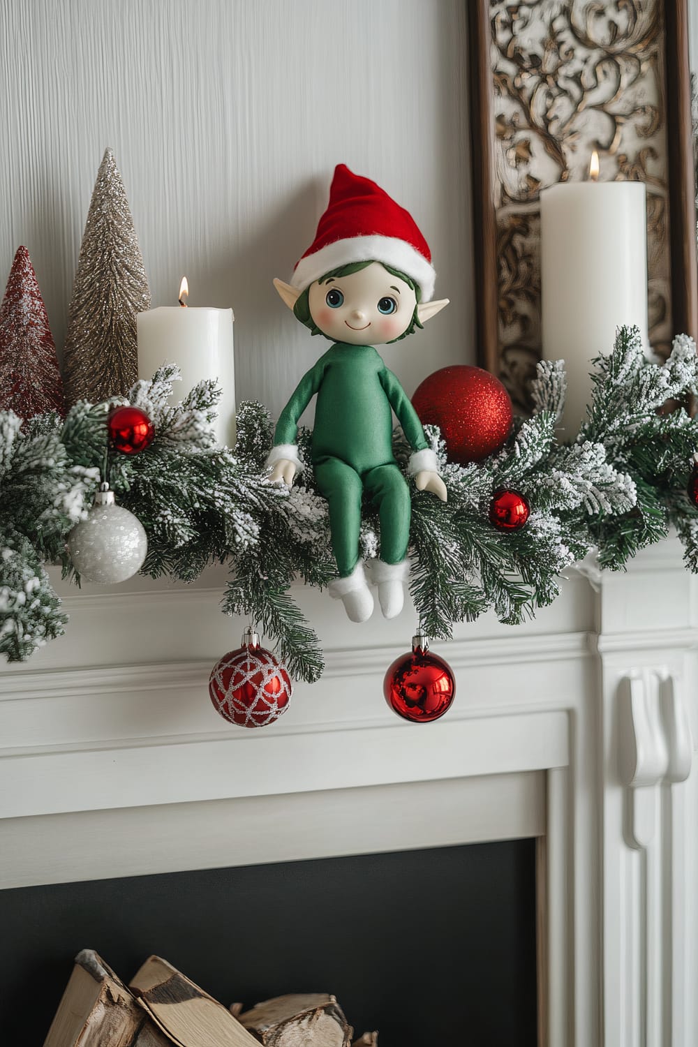 A single green elf with a red hat playfully hanging from a white garland that is draped over a white fireplace mantel. The scene is accented by three red ornaments, a white ornament, and two white candles. The wall in the background is light gray, creating a soft and warm ambiance.