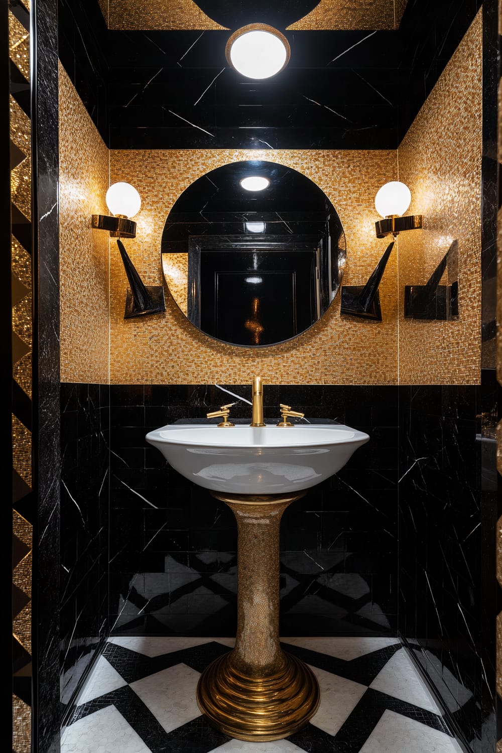 A luxurious bathroom featuring intricate black and gold mosaic tilework. The centerpiece is a white pedestal sink with a gold base and matching gold faucets. Above the sink, a large circular mirror reflects the opulent surroundings. Two modern wall sconces with white globes are mounted on either side of the mirror, adding symmetry. The floor is a striking black and white geometric pattern, adding to the lavish ambiance.