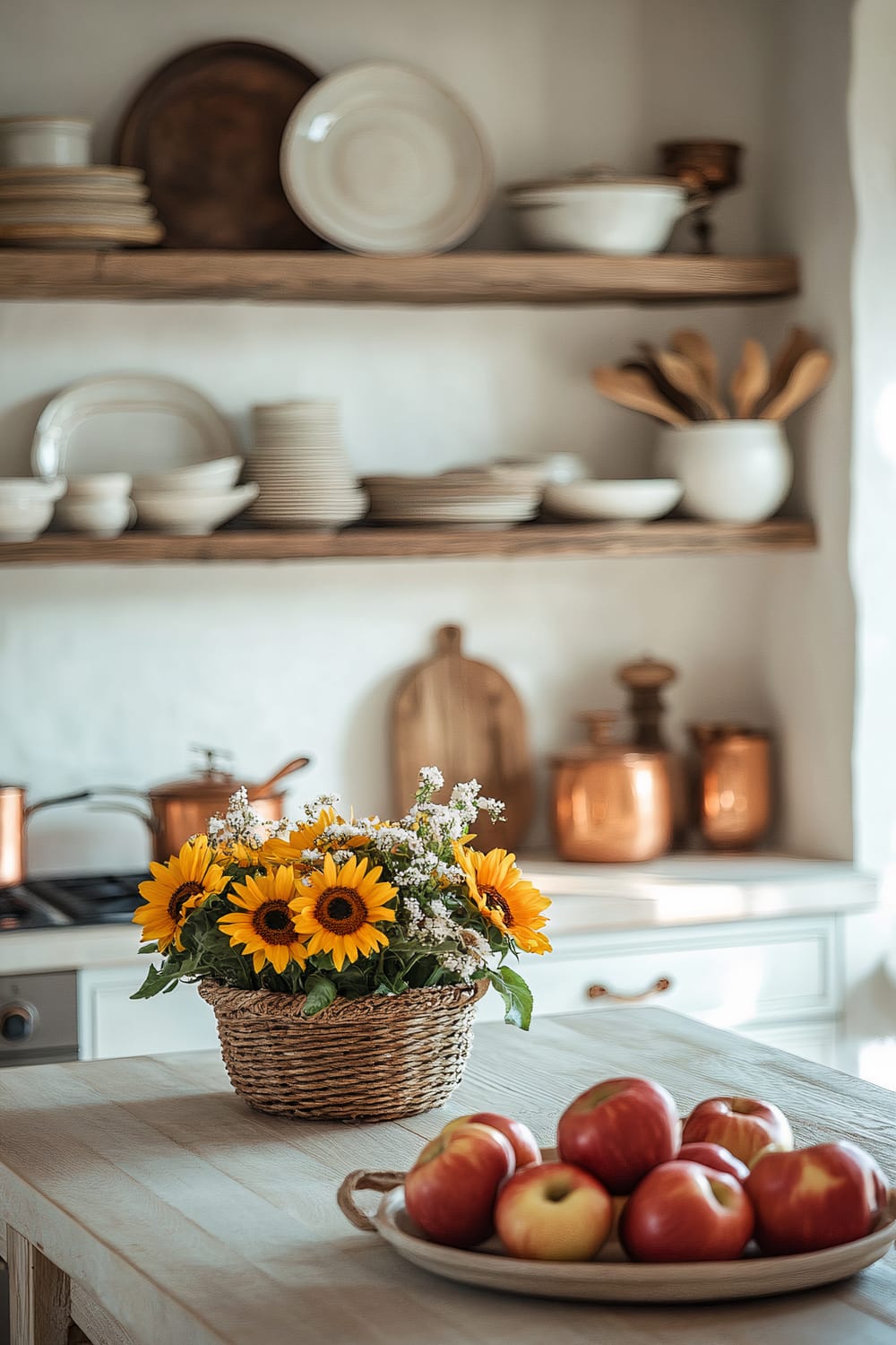 A cozy kitchen scene featuring a wooden countertop with a woven basket of vibrant yellow sunflowers and small white flowers. Beside the basket is a plate filled with fresh red apples. In the background, wooden shelves are lined with rustic white dishes, bowls, and cookware. Copper pots and utensils add a warm metallic touch, and a cutting board and wooden spoons give a traditional farmhouse charm.