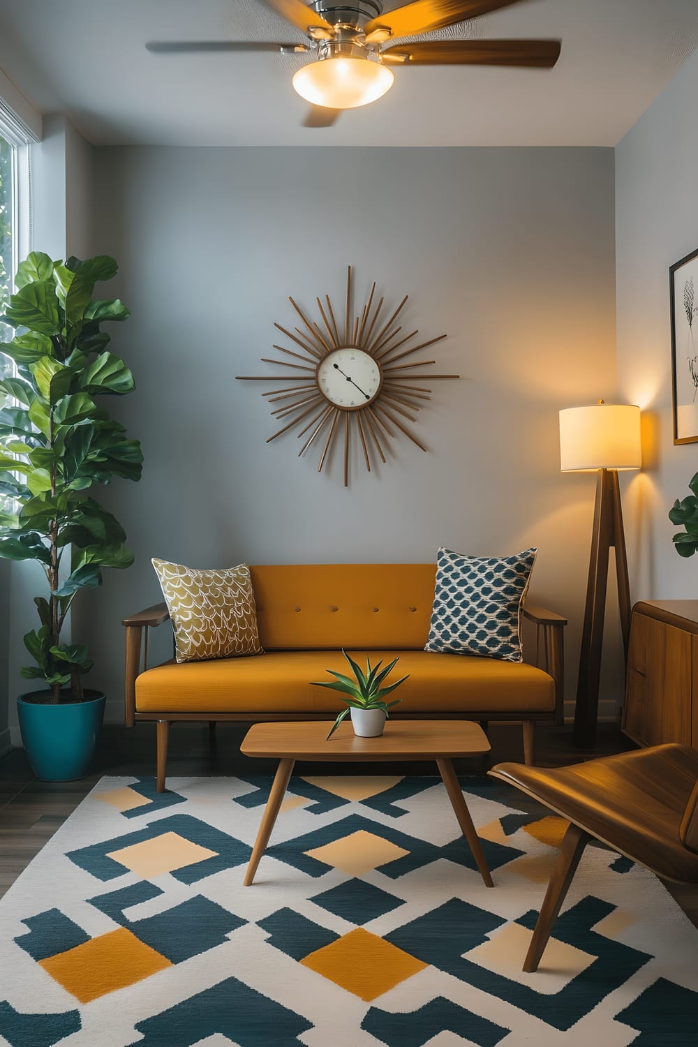 A compact mid-century modern small living room featuring a teak wood sofa, an iconic Eames-style lounge chair, a starburst wall clock on the wall. The room also includes a geometric patterned rug, a fiddle leaf fig in a retro pot, and a balanced lighting from ceiling and table lamps highlighting the design elements. The color palette is muted, with mustard and teal accents providing pops of color.