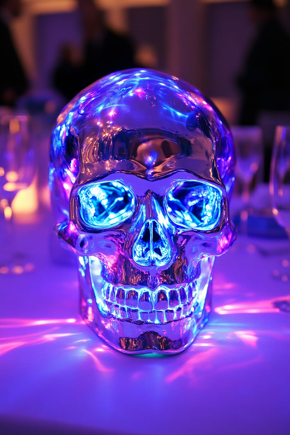 A metallic skull illuminated with vibrant blue and purple LED lights is placed on a simple white tablecloth. The background features blurred outlines of neutral-toned chair backs and subtle ambient lighting, creating a striking contrast with the vivid illumination of the skull.