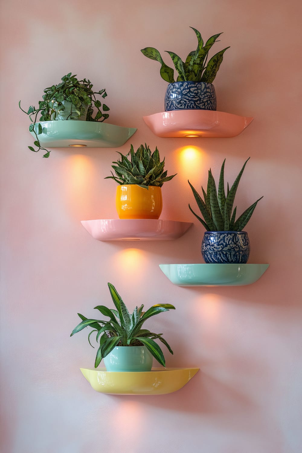 Floating shelves shaped like intertwining vines hold colorful ceramic pots with exotic plants against a soft pastel kitchen wall. Each shelf is illuminated by built-in lights, enhancing the vibrant colors of the pots and greenery.