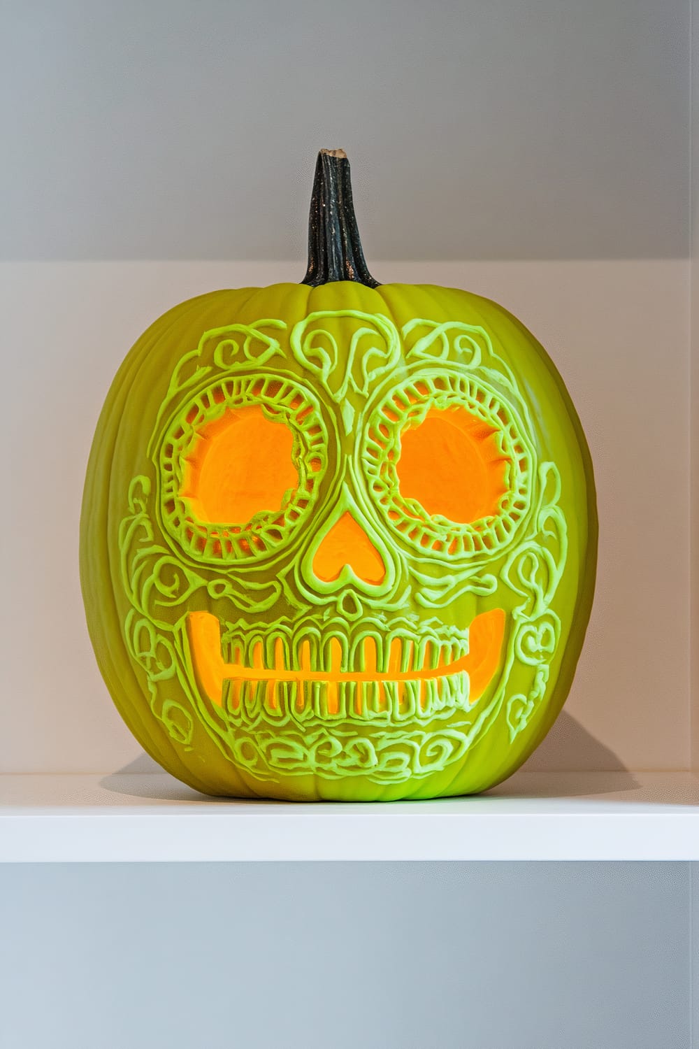 A green pumpkin intricately carved with a Day of the Dead skull design is placed on a white shelf against a light gray background. The interior of the pumpkin is illuminated, highlighting the orange glow through the eyes, nose, mouth, and intricate details of the carving. The stem remains intact, and the overall appearance is both festive and artistic, capturing the essence of the Day of the Dead celebrations.