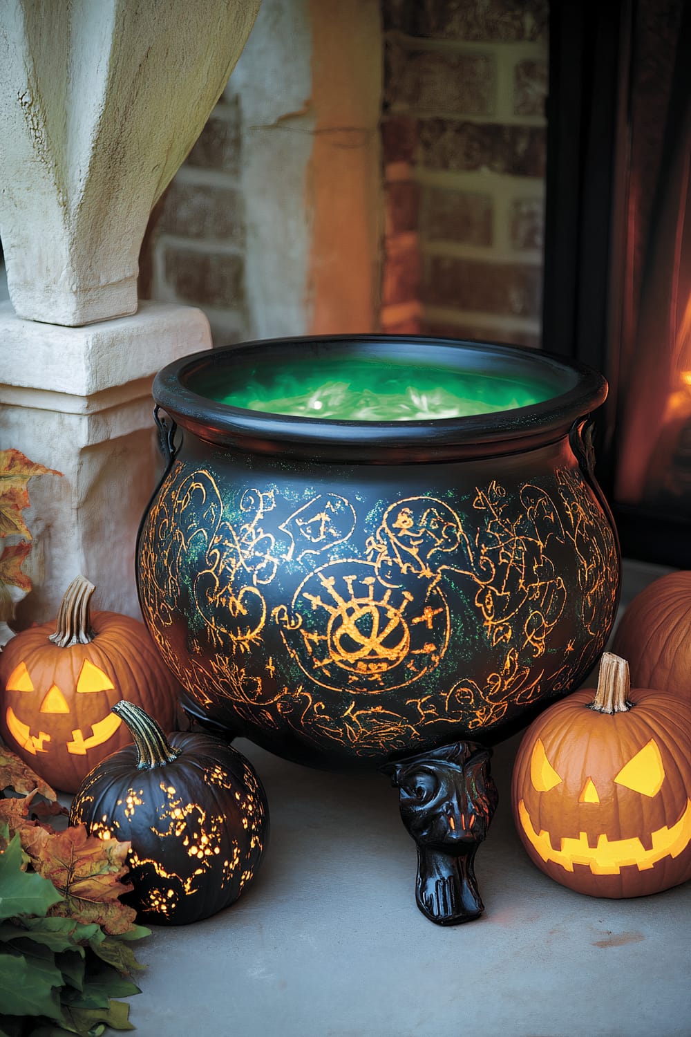 A large, black witch's cauldron with glowing mystical symbols sits at the center of the image. The cauldron is under-lit with green LED lights, creating a bubbling potion effect. Surrounding the cauldron are several pumpkins: one black pumpkin with glowing designs and two traditional pumpkins, each carved with jack-o'-lantern faces emitting orange light. The scene evokes a mystical, Halloween-themed ambiance with eerie lighting effects.