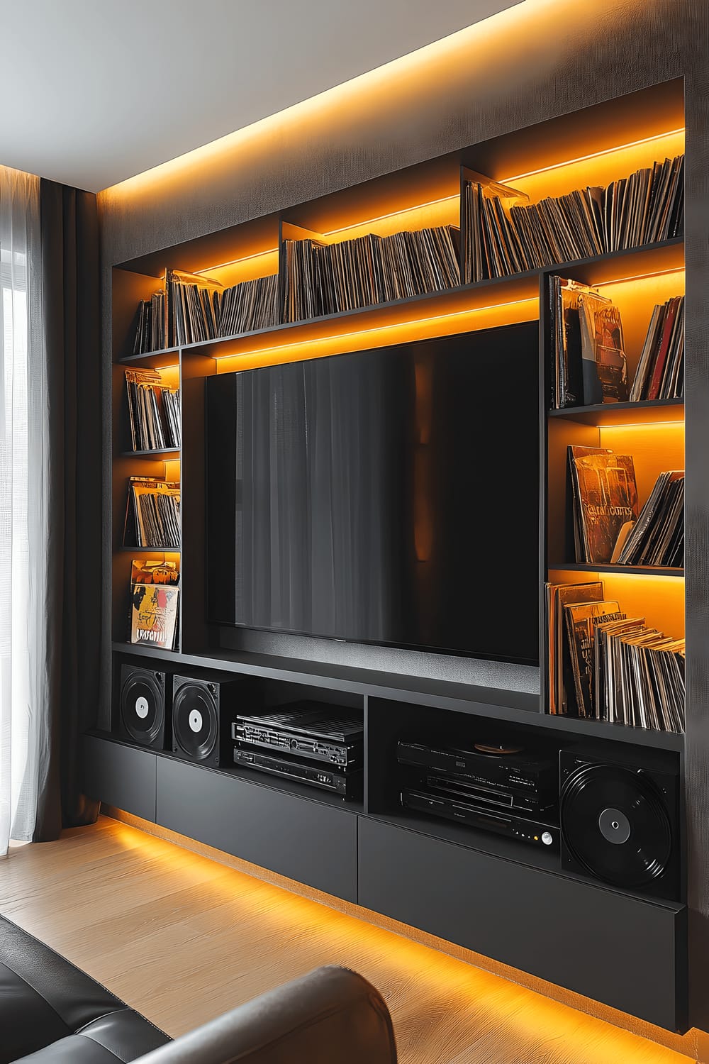 A modern yet nostalgic scene featuring a sleek television surrounded by floating shelves filled with vintage vinyl records. Warm amber LED backlighting illuminates the collection and contrasts beautifully with the matte charcoal gray wall.