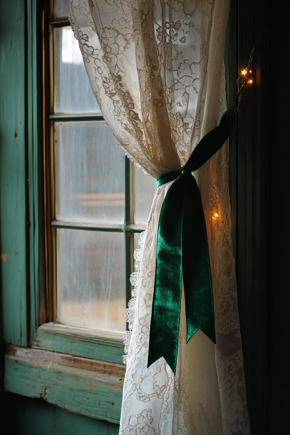 An antique-styled window with a weathered turquoise frame. Thin lace curtains in an off-white shade are tied back with a vibrant green satin ribbon. Soft light filters through the window, which is slightly fogged or dirty, giving a vintage and cozy ambiance. A few small, warm fairy lights are visible to the side.