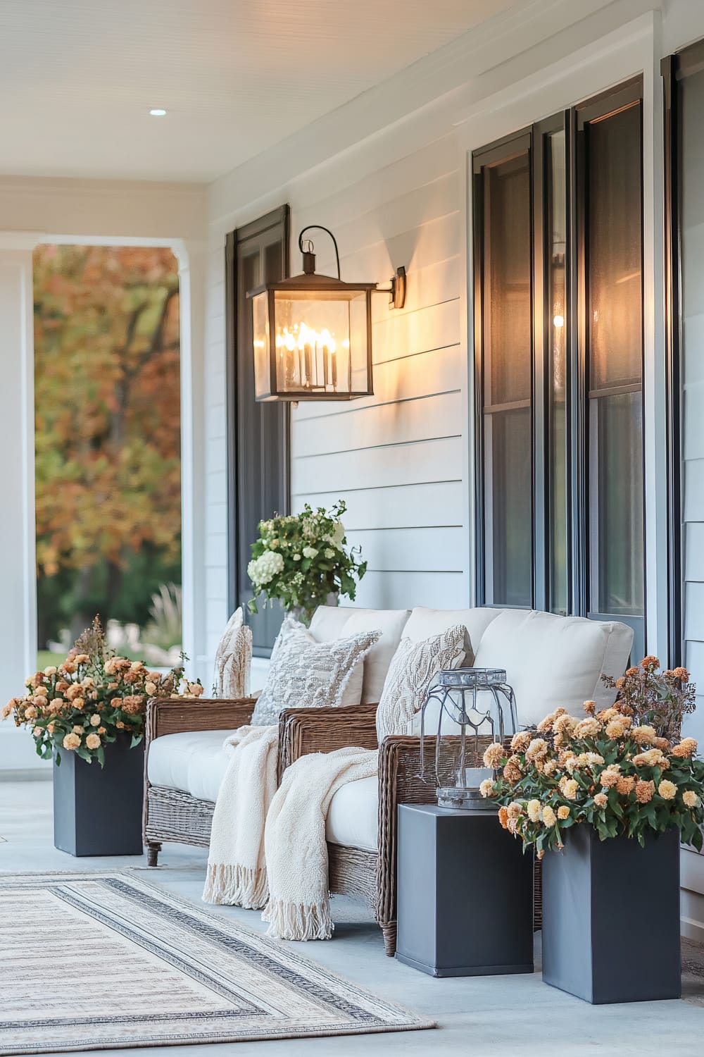 This image shows an outdoor living space on a porch, featuring a wicker loveseat with white cushions and textured throw pillows. A knitted throw blanket is draped over the armrest. There are two black square side tables, each holding a potted plant with orange flowers. A lantern-style wall light fixture illuminates the area. The porch has white siding and black-framed windows with a view of a garden backdrop in autumn colors.