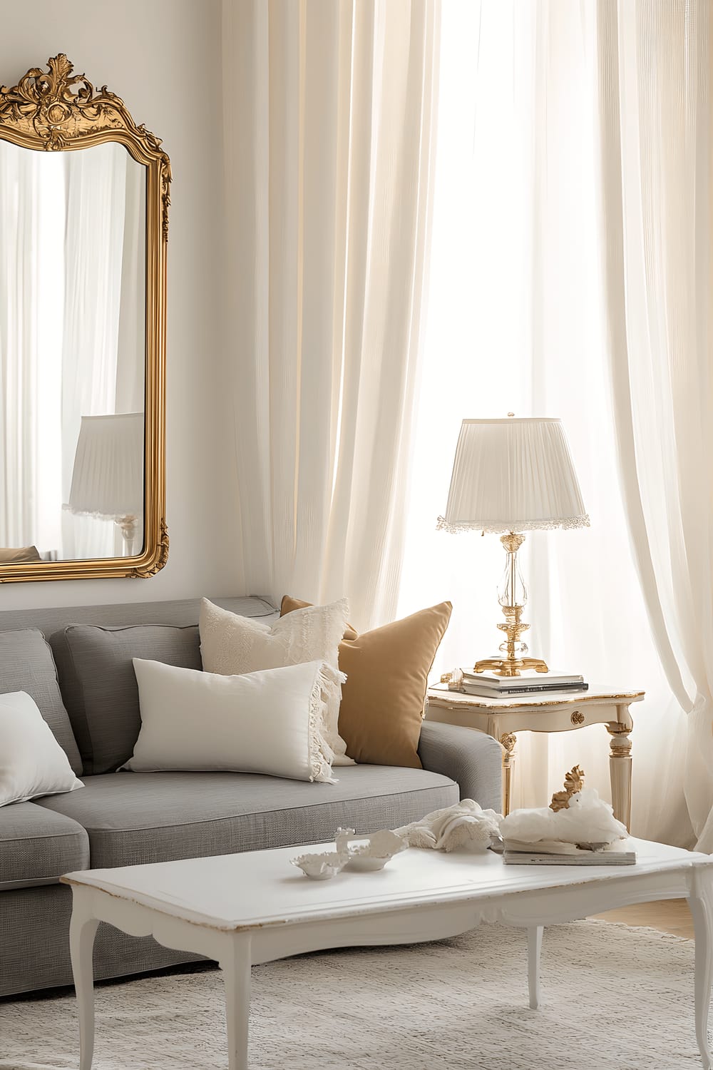 A Parisian chic styled small living room with a sleek grey linen sofa seated on stylish brass legs, a white lacquered Louis XVI-style coffee table. An ornate, gold-framed vintage mirror hangs on the wall which creates a sense of sophistication. Large French windows with sheer curtains allow natural light into the room, which is further enhanced by a chic table lamp. The room follows a soft color scheme of greys, whites, and delicate touches of blush pinks, completed by accents of metallic gold.