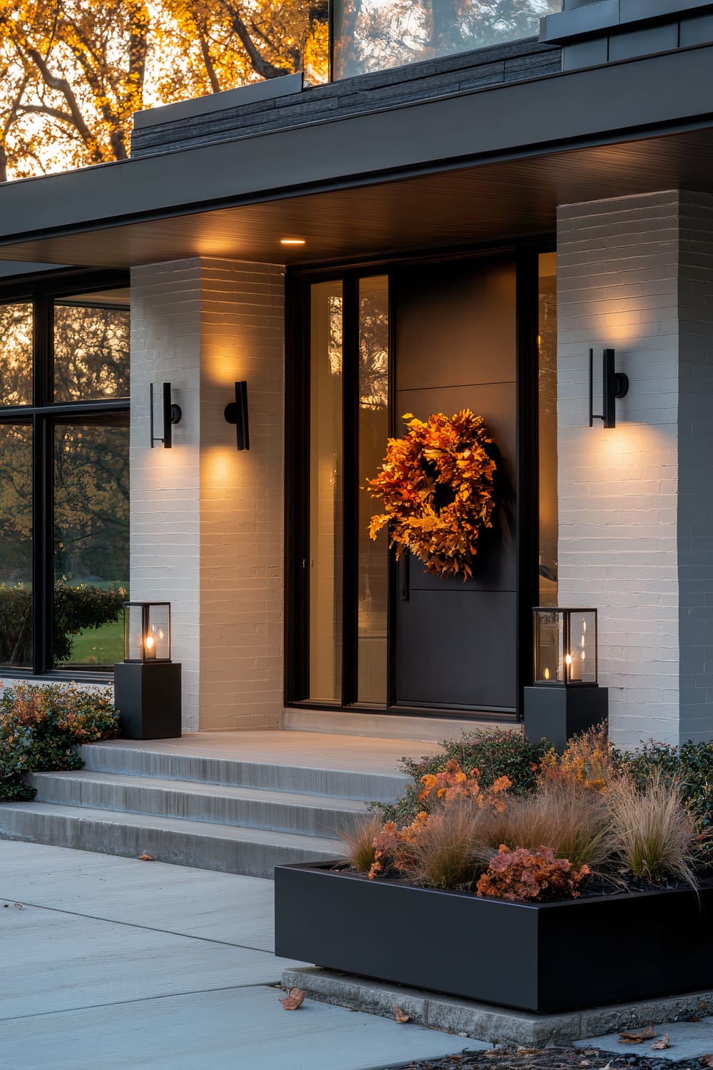 The image displays a modern front entrance of a home at twilight. The door is black with a large orange and yellow autumn wreath hanging in the center. Two black wall-mounted light fixtures illuminate the entrance, accentuating the white brick wall. Large, square planters with tall grasses and low shrubbery frame the pathway leading to the entrance. Two black lanterns with candles also flank the steps.