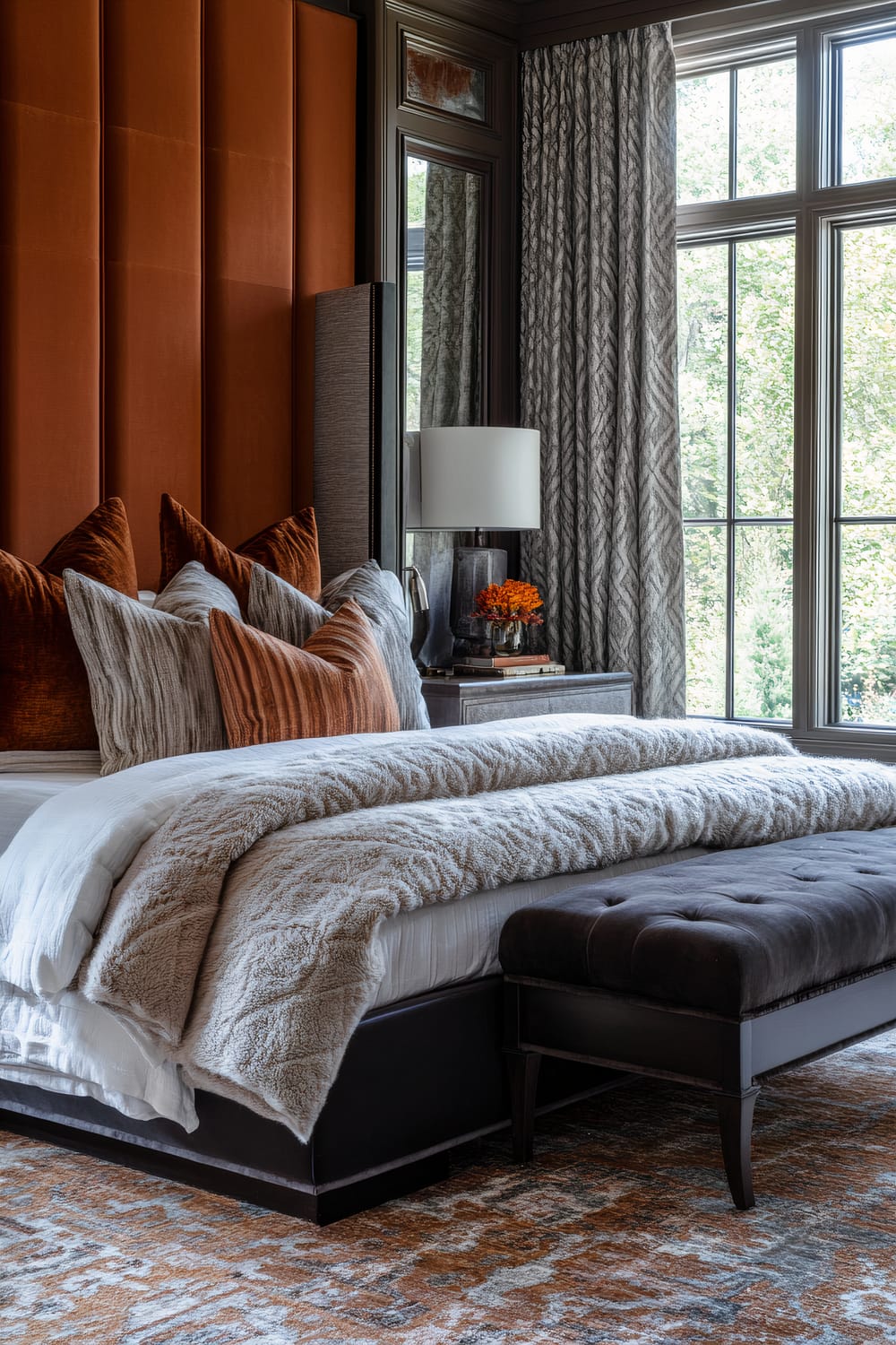 A bedroom featuring a plush bed with a high, vertically paneled rust-colored headboard. The bed is adorned with various textured pillows in shades of rust and beige, and a thick, soft blanket draped over crisp white linens. Next to the bed, a sleek grey bedside table holds a white lamp and a small arrangement of orange flowers. The bed sits on a multi-tonal patterned rug, and at its foot is a dark upholstered bench. Large windows with geometric-patterned curtains offer a view of greenery outside.