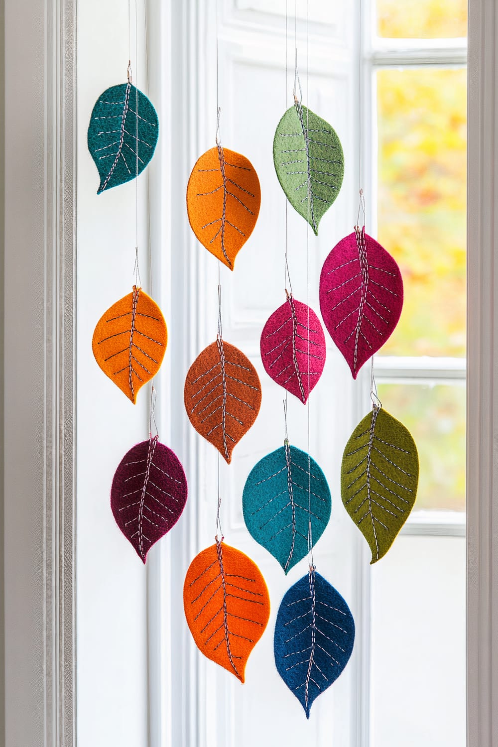 Colorful felt leaves hanging by strings in front of a bright window. The leaves come in various shades including green, orange, teal, pink, blue, and maroon. Each leaf has visible stitched vein patterns, giving a textured and handcrafted appearance. The backdrop of the window shows a blurred outdoor scene with soft autumnal colors.