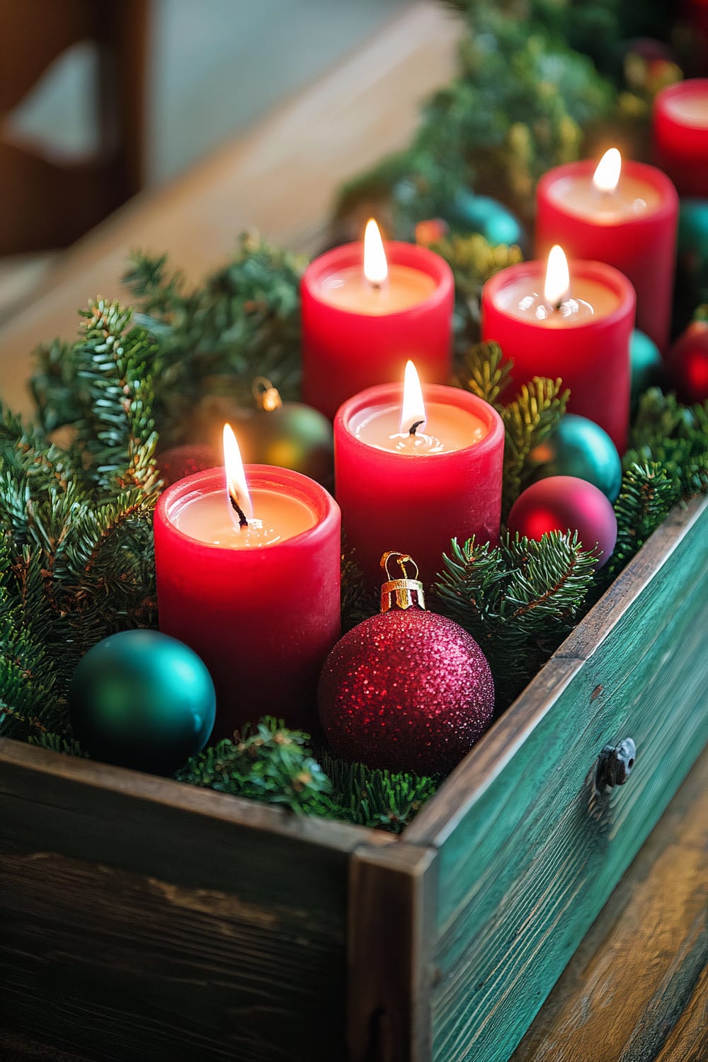 A wooden box filled with red pillar candles arranged among green pine branches and colorful Christmas ornaments. The candles are lit, emitting a warm glow. The ornaments include shiny red and green balls, adding a festive touch to the arrangement.