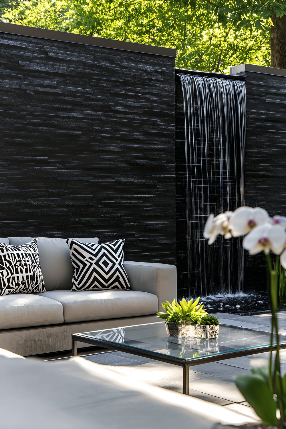 A modern exterior patio, with a focus on a textured black slate wall featuring a sleek water curtain. The patio is furnished with a light gray sectional sofa, adorned with geometric black and white throw pillows, and a glass coffee table with a pristine white orchid in a clear vase. Large concrete slabs create a contrasting base for the furniture, and a solitary bamboo plant in a decorous planter adds an essence of nature.