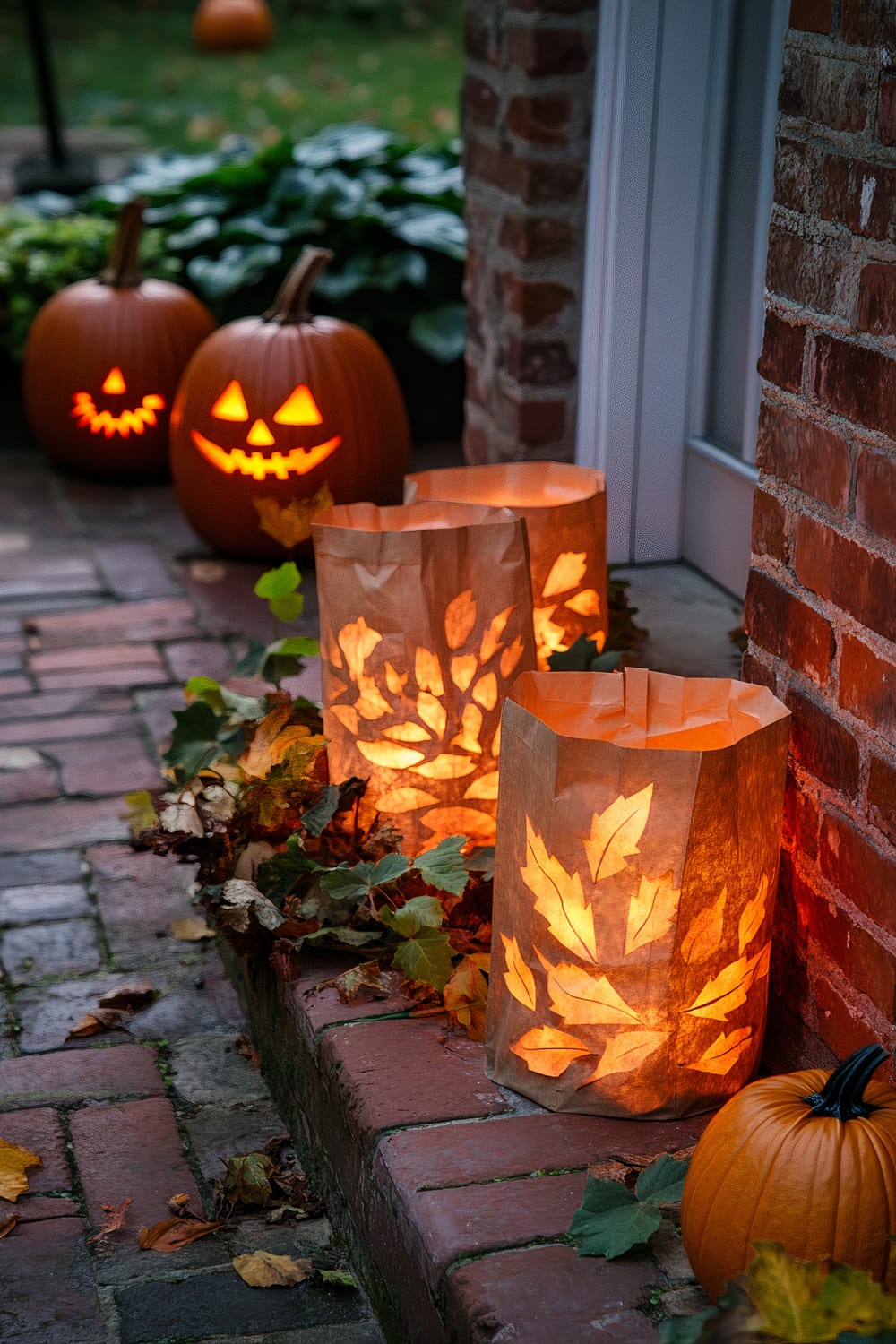 A close-up view of a brick patio decorated for Halloween. Two luminaries, made of paper bags with leaf cutouts, are lit up and resting on the brick steps next to a few scattered leaves. To the left, two jack-o'-lanterns with glowing, carved faces are placed on the brick path, and a third pumpkin is partially visible in the background. Green foliage surrounds the pumpkins, enhancing the festive, autumnal atmosphere.