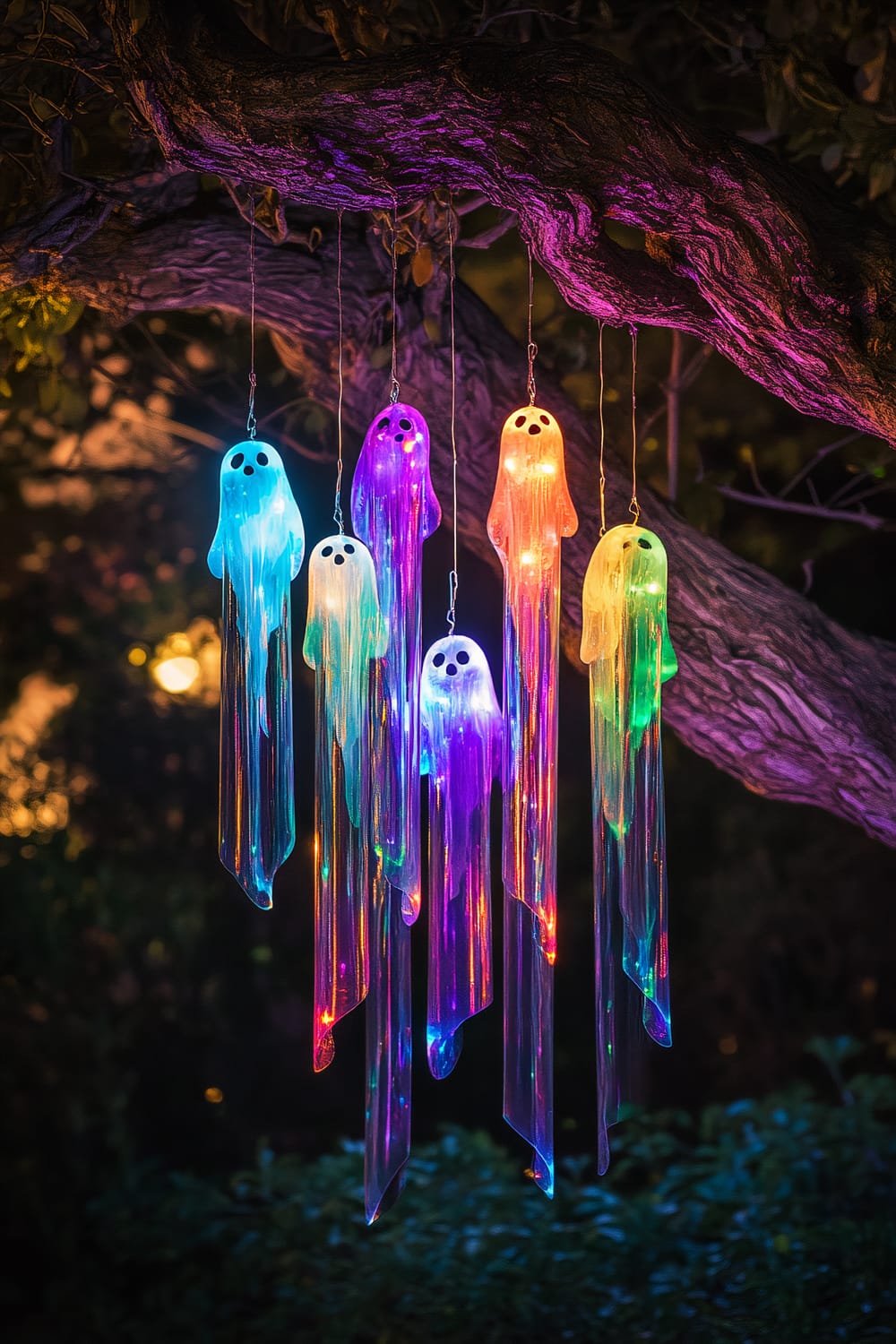 An outdoor Halloween decoration featuring ghost-shaped wind chimes hanging from a large, twisted tree branch. Each chime glows in various bold colors such as deep purples, electric blues, and fiery oranges. The scene is set under an amber moon, with soft backlighting that accentuates the ethereal glow of the chimes. The background is dark and uncluttered, highlighting the spectral lights as the main focus.