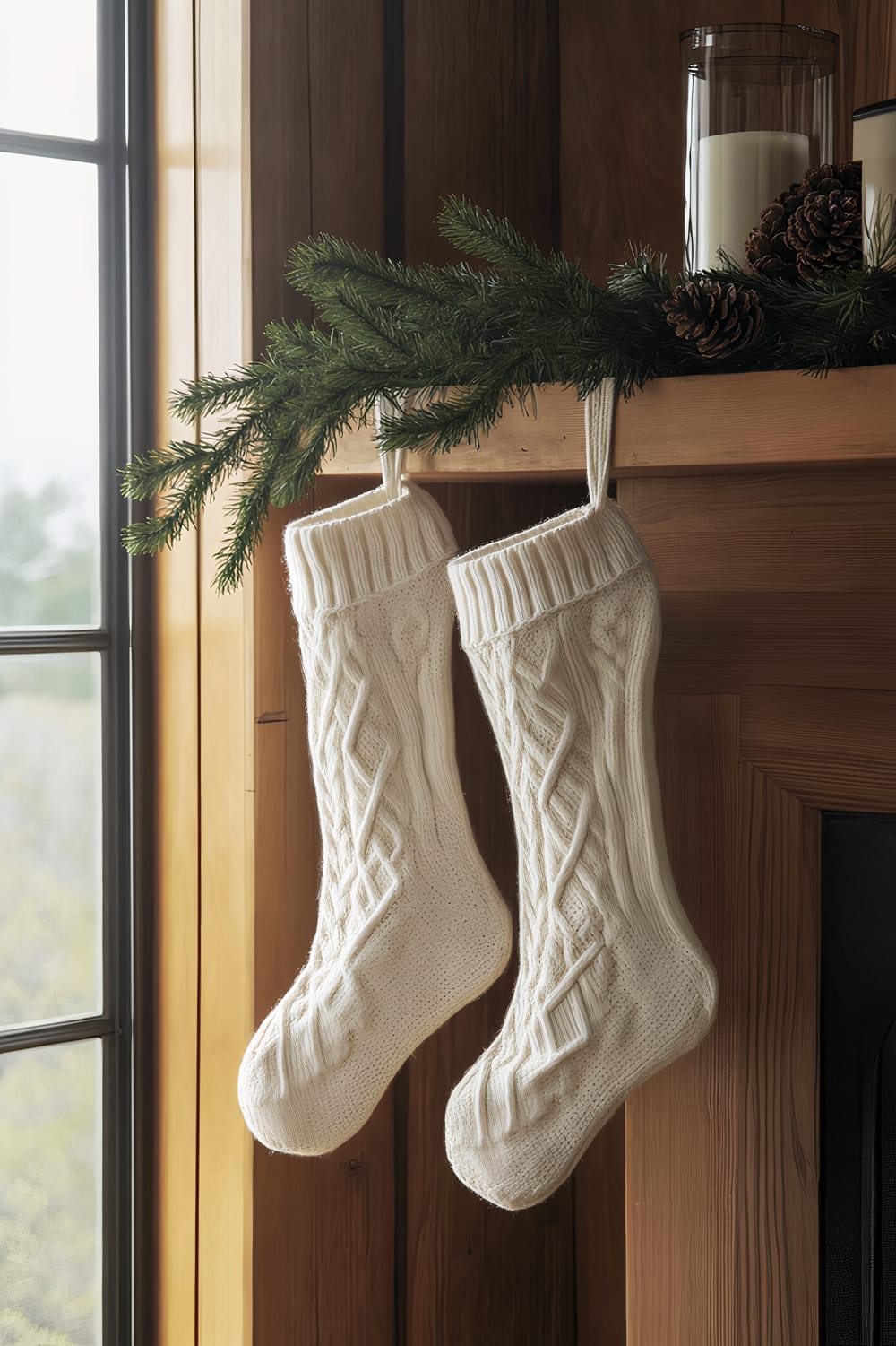 Two minimalist white knit Christmas stockings with subtle Nordic patterns are hung on a sleek wooden mantel adorned with a single evergreen sprig and illuminated by soft natural light from a nearby window.