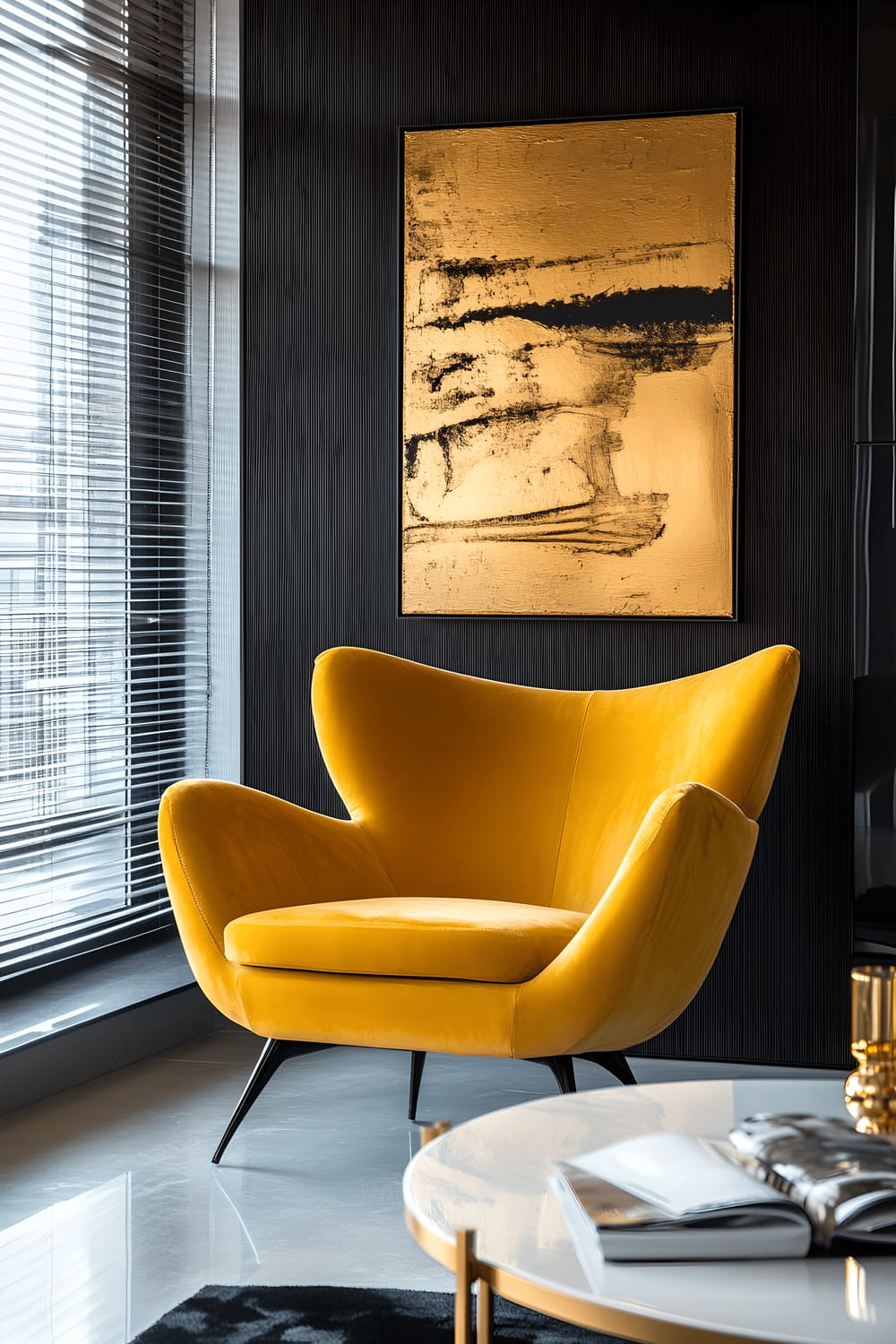 A contemporary Milan living space featuring a bold yellow accent chair with a unique sculptural design. The chair contrasts against matte black walls that are adorned with abstract gold artwork. Nearby, a sleek white coffee table with a glass top and gold legs holds a stack of fashion magazines and a small gold tray with candles. A minimalist black floor lamp stands in the corner, while natural light beams through large windows with dark grey blinds.