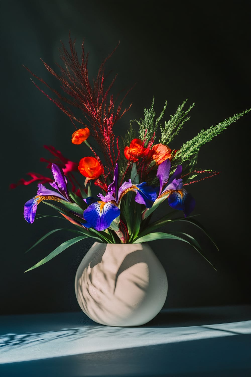 A minimalist floral arrangement is displayed in a rounded beige vase. The arrangement features vibrant purple iris flowers, bright orange poppies, and green foliage, accented by delicate red branches. The composition is bathed in soft light, casting dramatic shadows on a dark background.