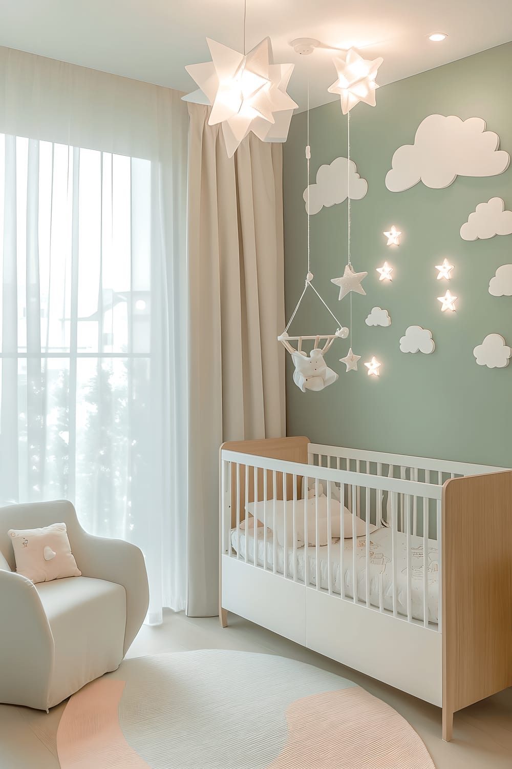 A modern nursery room painted in soft mint green with white cloud decals, and furnished with a white crib featuring a grey mattress, a wooden changing table with pink drawers, and a white armchair placed on a pastel rainbow rug. The nursery is illuminated by natural light from large windows and a white ceiling lamp hanging above the crib, which also has a mobile with white and silver stars.