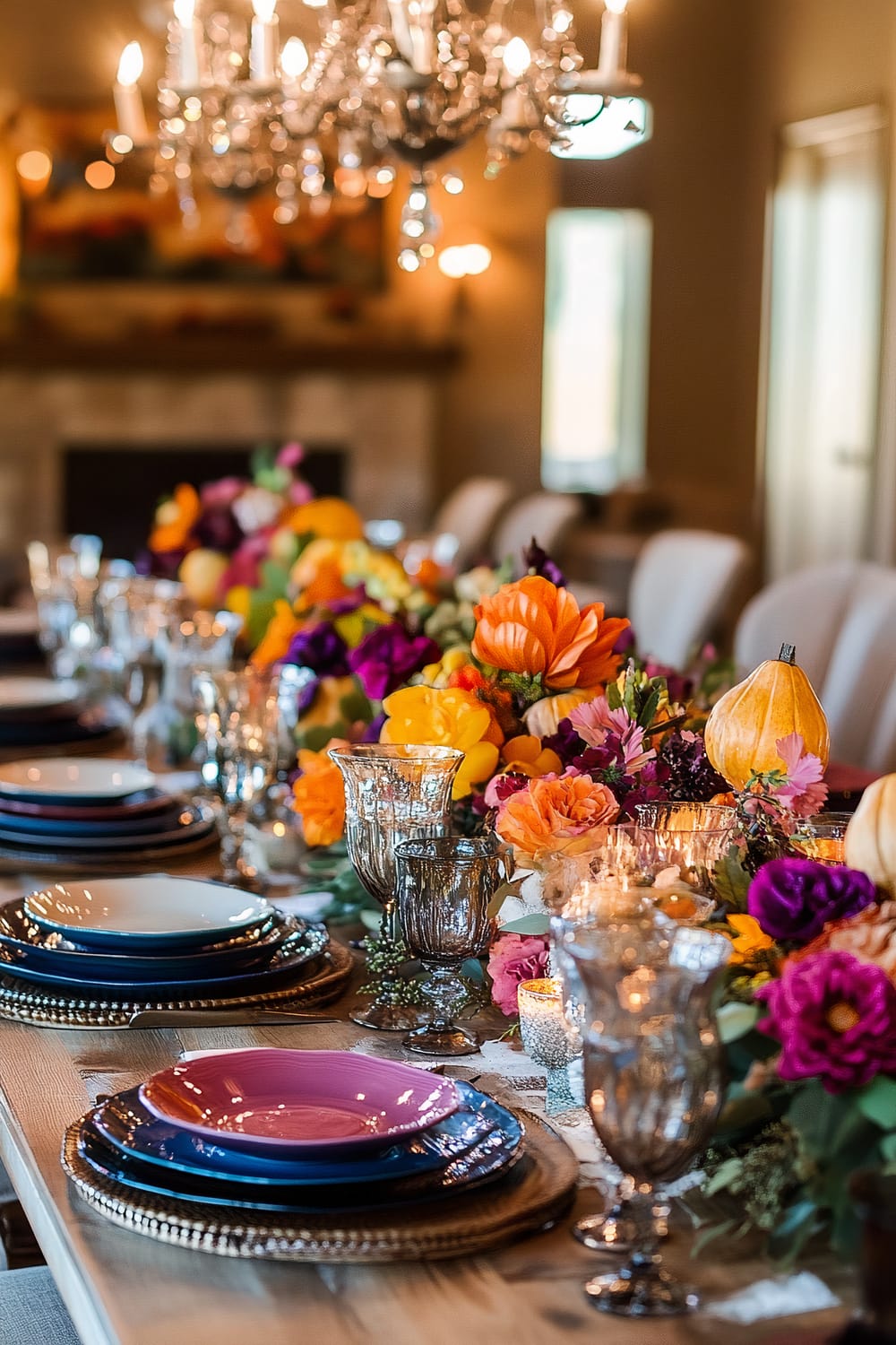 An eclectic Thanksgiving table setting features vibrant jewel tones with mismatched colorful plates, artisanal glassware, a dramatic chandelier, and layered textures in the table linens and decor. The centerpiece is a vibrant floral arrangement with orange, purple, and yellow flowers, complemented by small pumpkins.