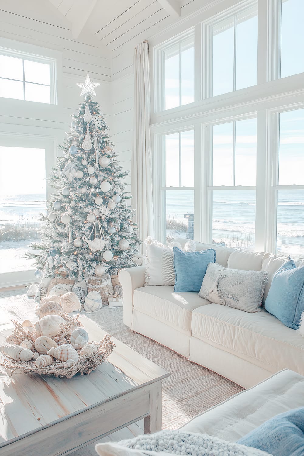 A bright and airy coastal-themed living room with large windows offering a scenic ocean view. The room is decorated for the holiday season with a frosted Christmas tree adorned with white and blue ornaments, seated in a corner. The room features a comfortable white sofa with various blue and gray pillows and a wooden table centerpiece with assorted seashells.