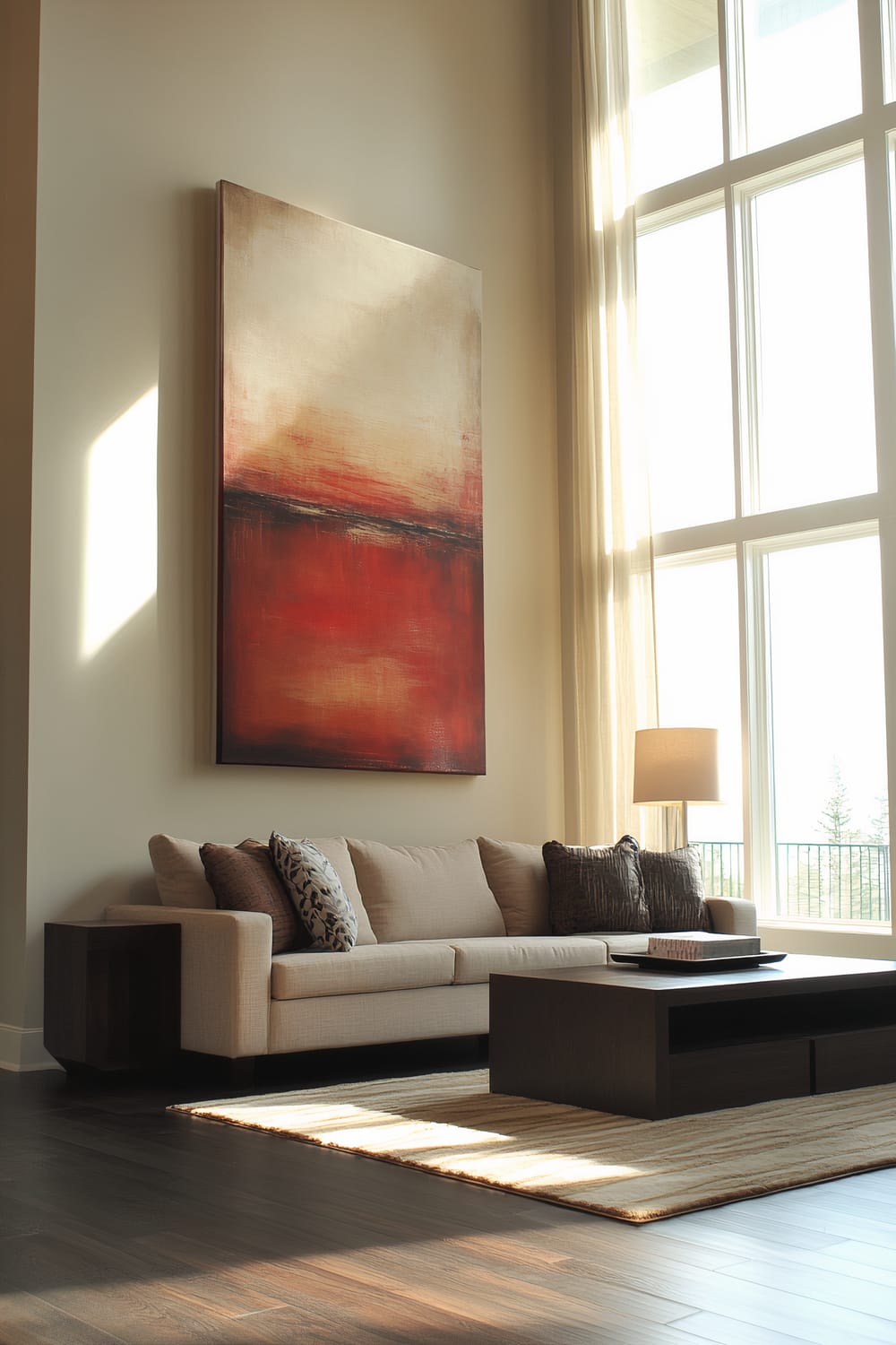 A minimalist living room with high ceilings, featuring a beige sofa with dark accent pillows and a matching media console. A large abstract artwork with red and beige hues hangs above the sofa. The room is filled with natural light from floor-to-ceiling windows, creating an open and airy ambiance.