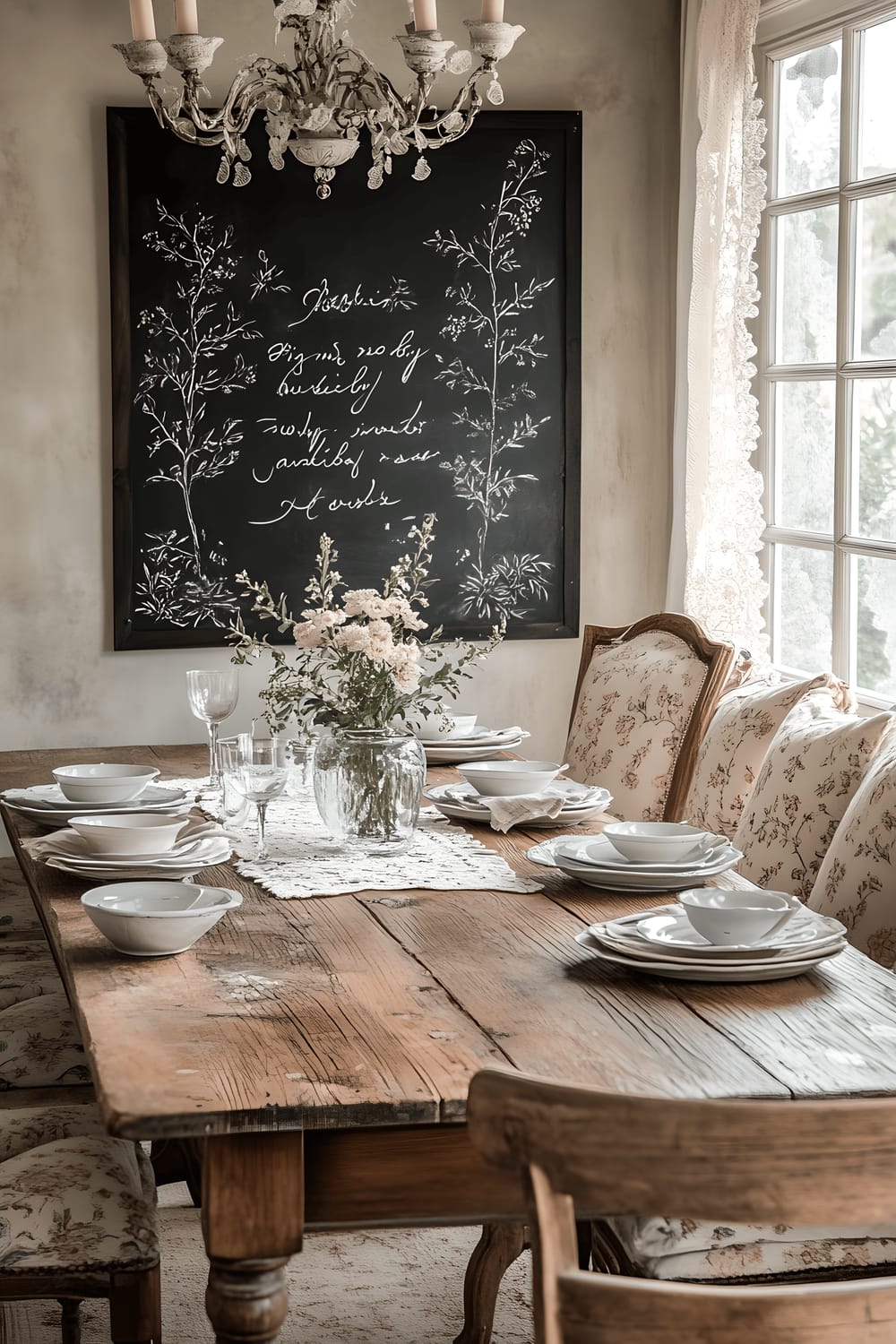 A picture of a delightful dining room exhibiting French country design. The room features a large chalkboard on one wall with intricate vine drawings and soft white chalk lettering. The dining table is rustic, made of wood and surrounded by upholstered chairs depicting floral patterns. Above the table hangs a wrought iron chandelier, and the table is set with vintage ceramic dishware. Light filters in through the white lace-trimmed windows, highlighting the chalk art and the warm and inviting atmosphere of the room.