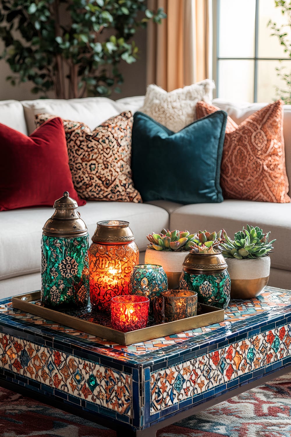 A Moroccan-inspired living space featuring a vibrant mosaic coffee table with sapphire blue and burnt orange tiles. On the table is a brass tray holding teal glass candles, small terracotta pots with succulents, and intricate lanterns, one lit, casting warm light. The surrounding neutral-toned sofa is adorned with jewel-toned plush cushions in ruby red, emerald green, and intricate patterns.