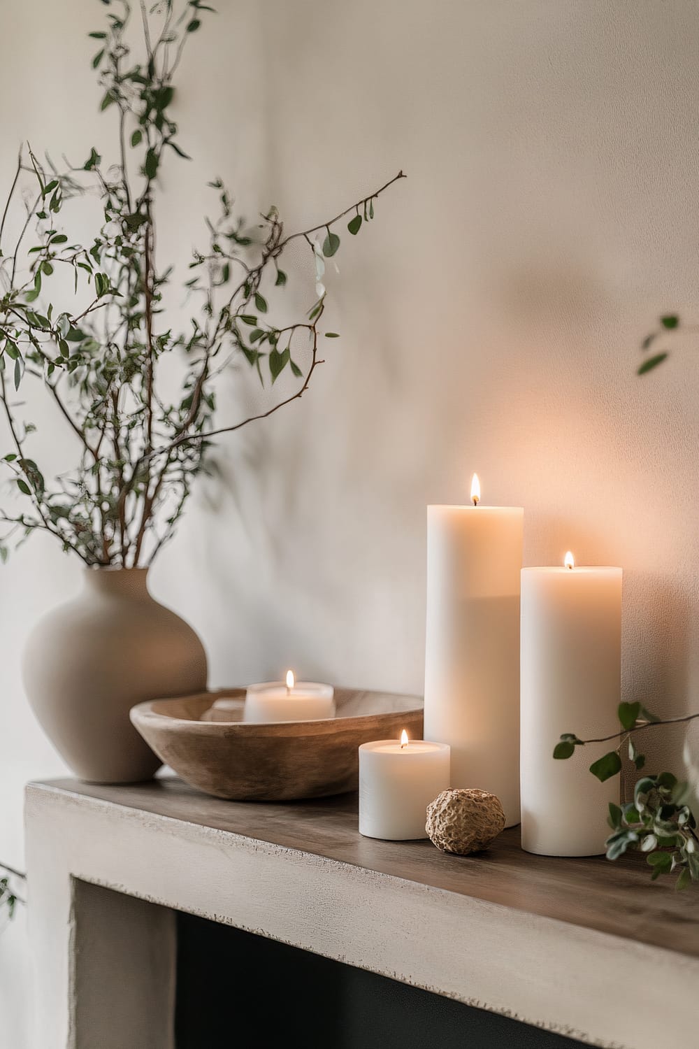 An elegant mantelpiece showcasing a minimalist arrangement with a beige vase containing a branch with green leaves on the left, a wooden bowl holding two small white candles in the center, and three white pillar candles of different heights on the right. There is some scattered greenery towards the right side.