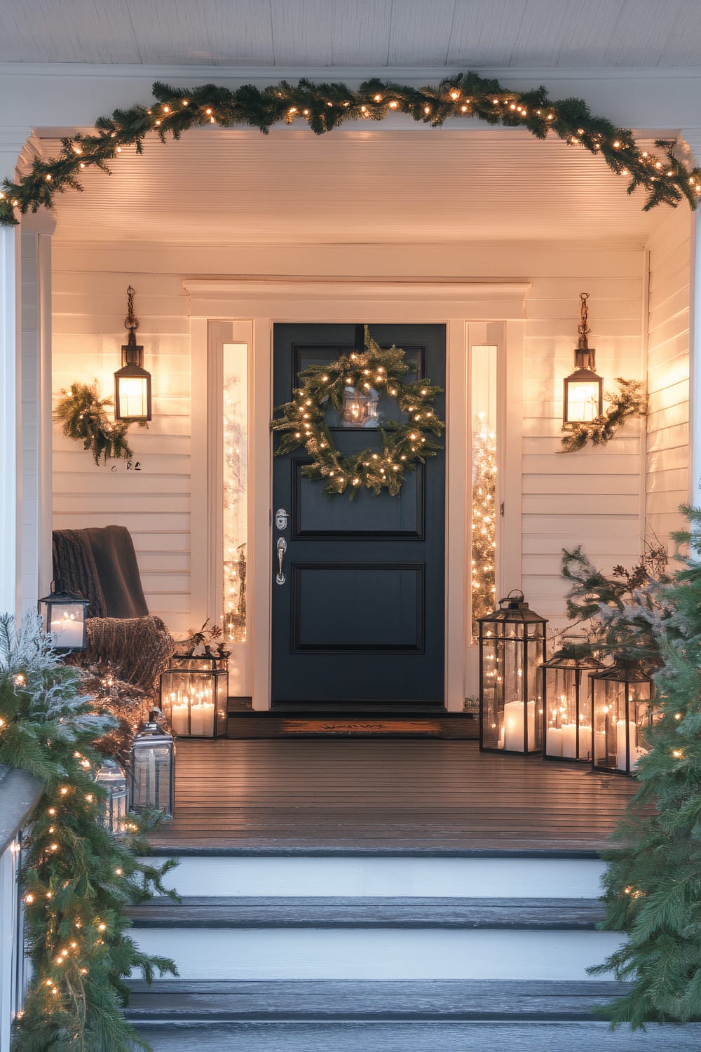 A warmly lit front porch decorated for the holiday season. A dark front door is adorned with a festive wreath intertwined with small white lights. Flanking the door are two vertical windows and two hanging lanterns with glowing light. Garlands with twinkling lights frame the top arch of the porch and the railings. Several lanterns filled with candles sit on either side of the entrance steps, and a chair draped in a throw blanket can be seen to the left.