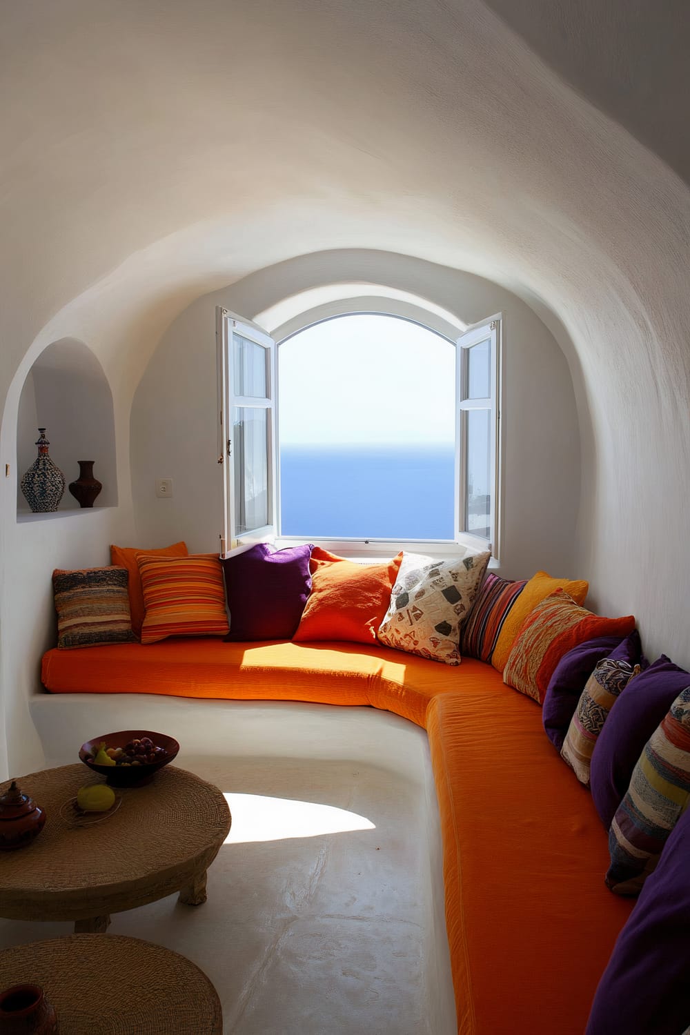 A cozy Greek living room with a built-in bench upholstered with bright orange fabric and adorned with a variety of colorful pillows including shades of purple, yellow, orange, and patterned designs. The bench is positioned under an arched window that is open to a stunning view of the ocean, flooding the room with natural light. Two low, woven coffee tables are in front of the bench, topped with decorative items like bowls of fruit. The white, arched walls and ceiling create a warm, welcoming atmosphere.