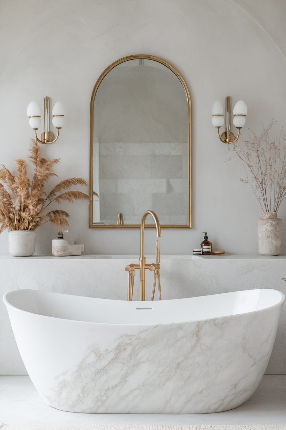 Elegant bathroom featuring a curved, white marble bathtub with subtle gray veins. Above the bathtub is a sleek wall-mounted faucet in a golden finish. Behind the bathtub, a built-in shelf runs horizontally across the wall, displaying a few decor items, including potted pampas grass, a soap dispenser, and a tall vase with delicate branches. Above the shelf, a large, arched mirror framed in gold is centrally placed, flanked by two modern, dual sconce lights with white globes and gold accents. The overall color palette is neutral with a blend of whites, soft grays, and warm golden tones.