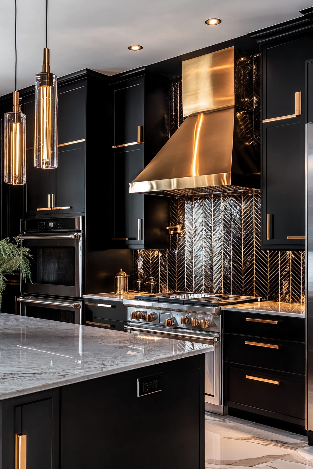 A modern luxury kitchen featuring sleek black cabinets with gold hardware, a gold-accented range hood, and a herringbone-patterned black tile backsplash. The kitchen island has a white marble countertop with gray veining. Three cylindrical pendant lights hang from the ceiling, emitting a warm glow that complements the overall gold accents. An integrated oven and stove with gold knobs and handles add an opulent touch to the space.