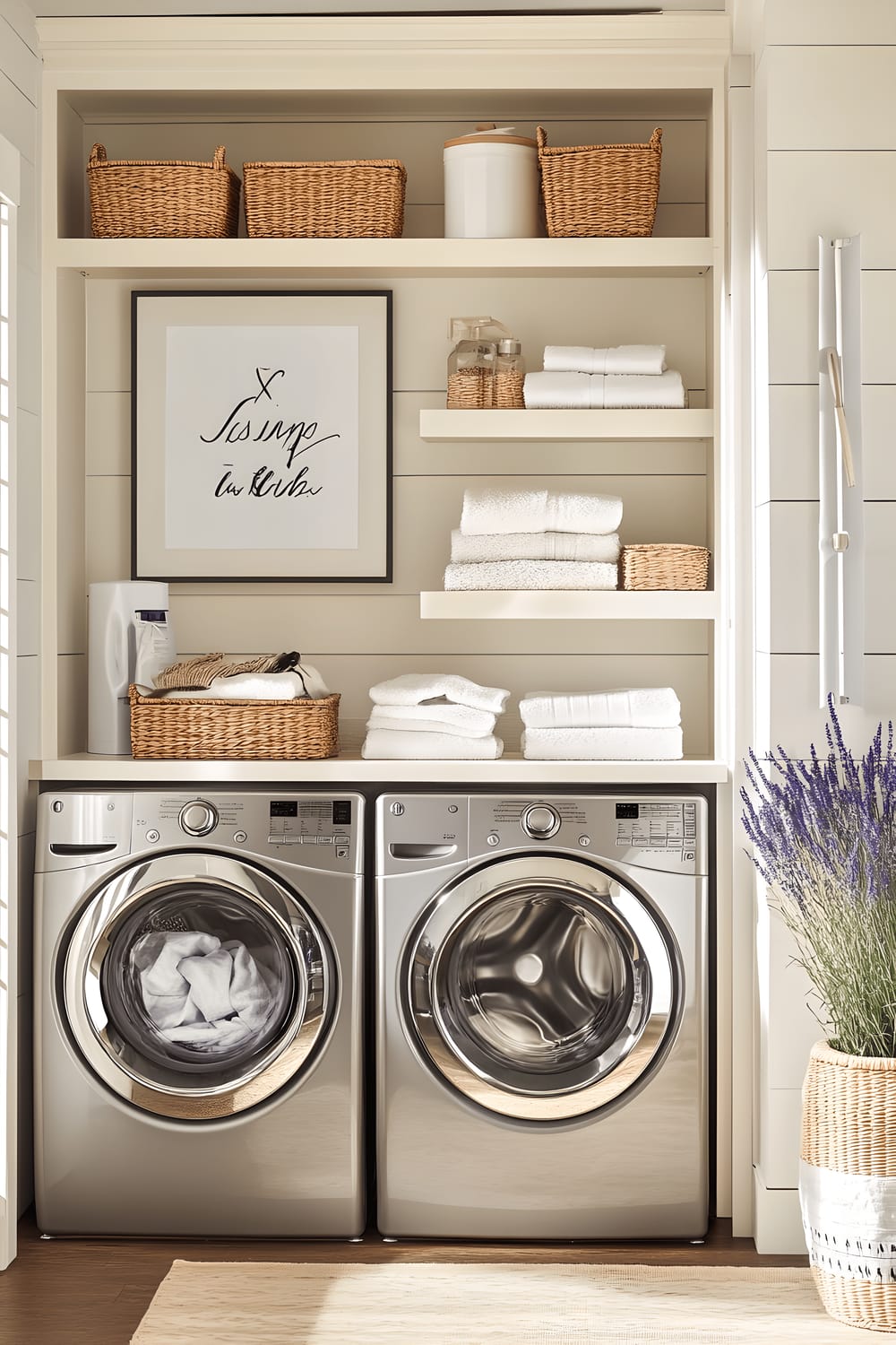 A clean and stylish laundry room with matte white cabinetry and light oak shelves. Included in the room is a front-loading stainless steel washer and dryer stacked neatly on one side. A large, framed inspirational quotation in minimalist black lettering adorns an adjacent wall. A slim, white folding counter with neatly arranged pastel laundry baskets and a single potted lavender plant sits against the wall. The room is softly illuminated by natural light from a frosted window.