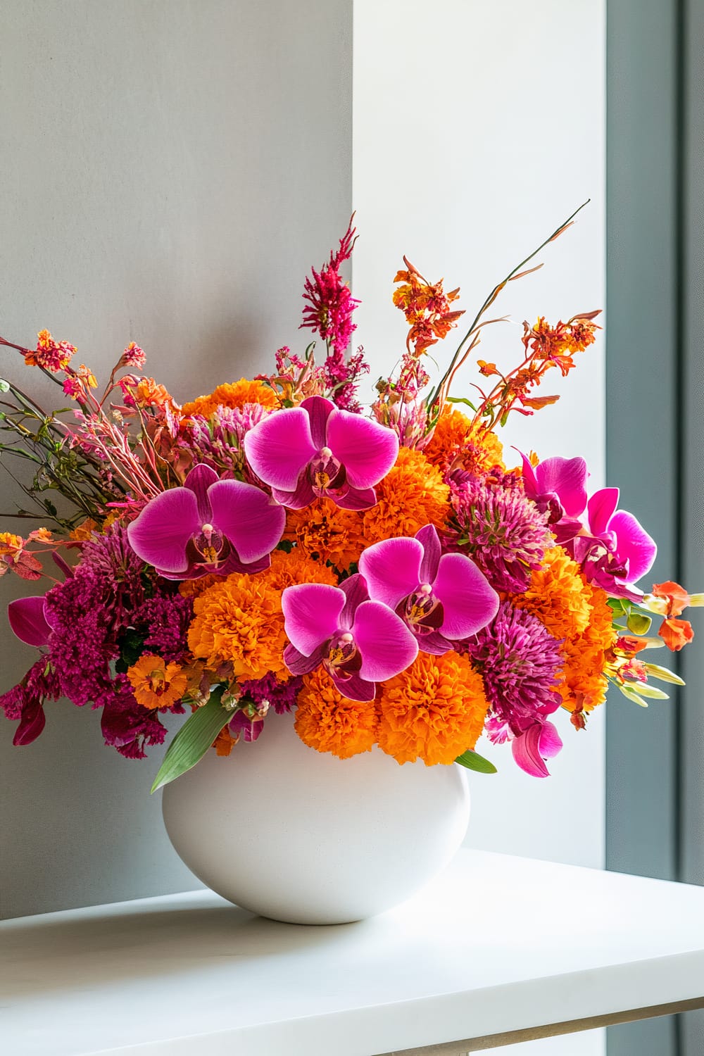 A vibrant floral arrangement featuring pink orchids, orange marigolds, and other colorful flowers in a round, white vase. The arrangement is placed on a white surface with a gray wall in the background, adjacent to a window letting in natural light.