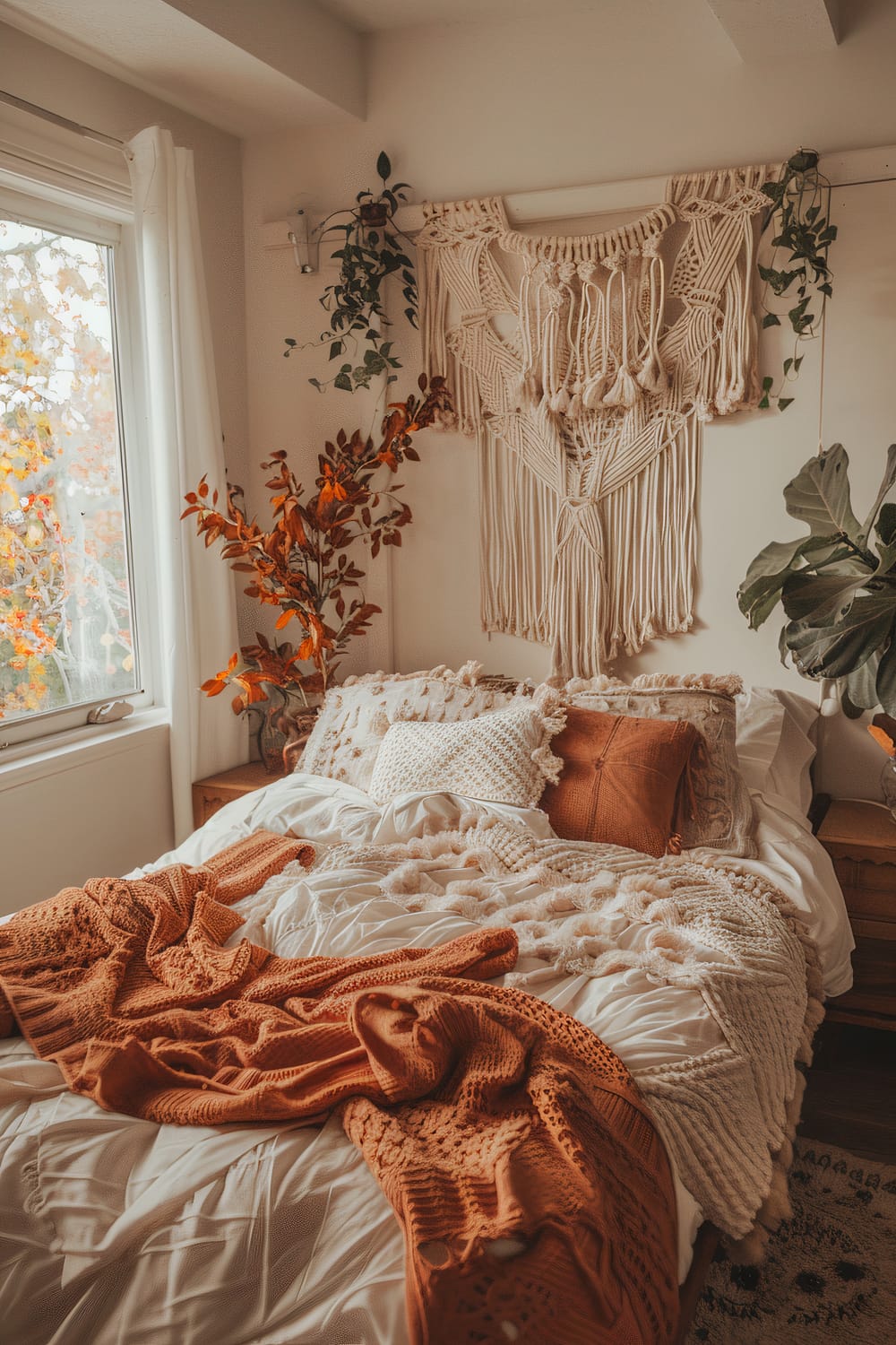 This image depicts a cozy bedroom with a bed adorned with textured pillows and blankets in warm, earthy tones of orange and beige. Over the bed, there is a large macramé wall hanging. To the left of the bed, a window with white curtains allows natural light to pour in, illuminating the room. Fall-inspired foliage and greenery complement the room, creating a warm and inviting ambiance.