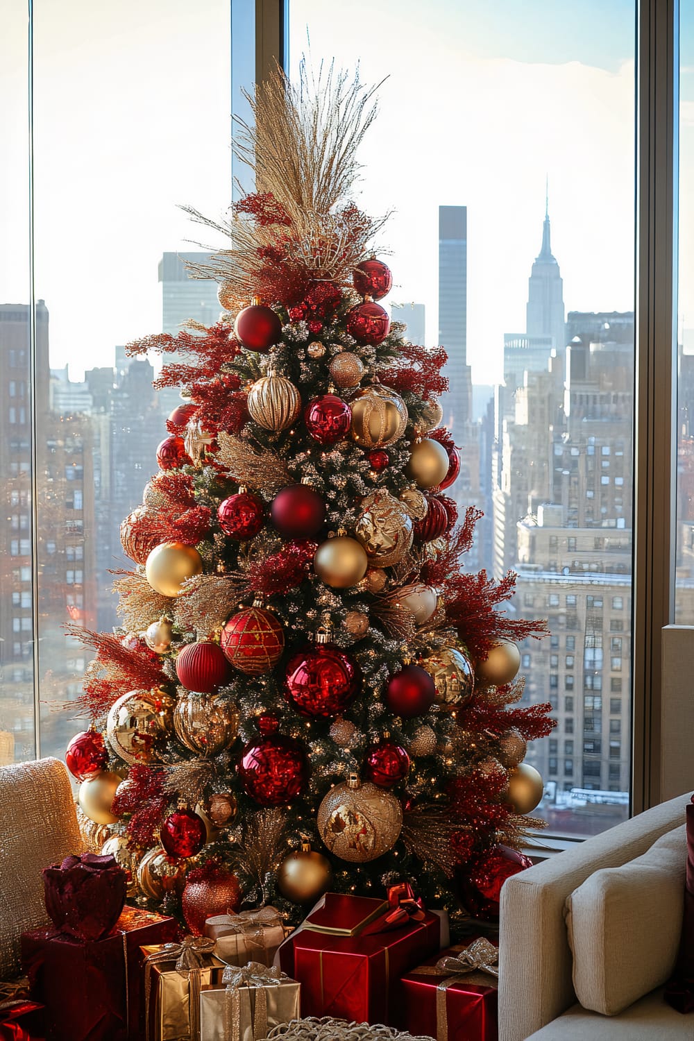 A lavishly decorated Christmas tree stands tall in an elegant interior with large floor-to-ceiling windows showcasing a city skyline. The tree is adorned with an abundant mix of red and gold ornaments, ribbons, and glittering accents, including gilded, sparkling sprays at the top. Numerous wrapped gift boxes in matching red and gold tones are stacked beneath the tree. Comfortable furniture and soft furnishings in neutral tones are partially visible on the edge of the frame, enhancing the luxurious ambiance.