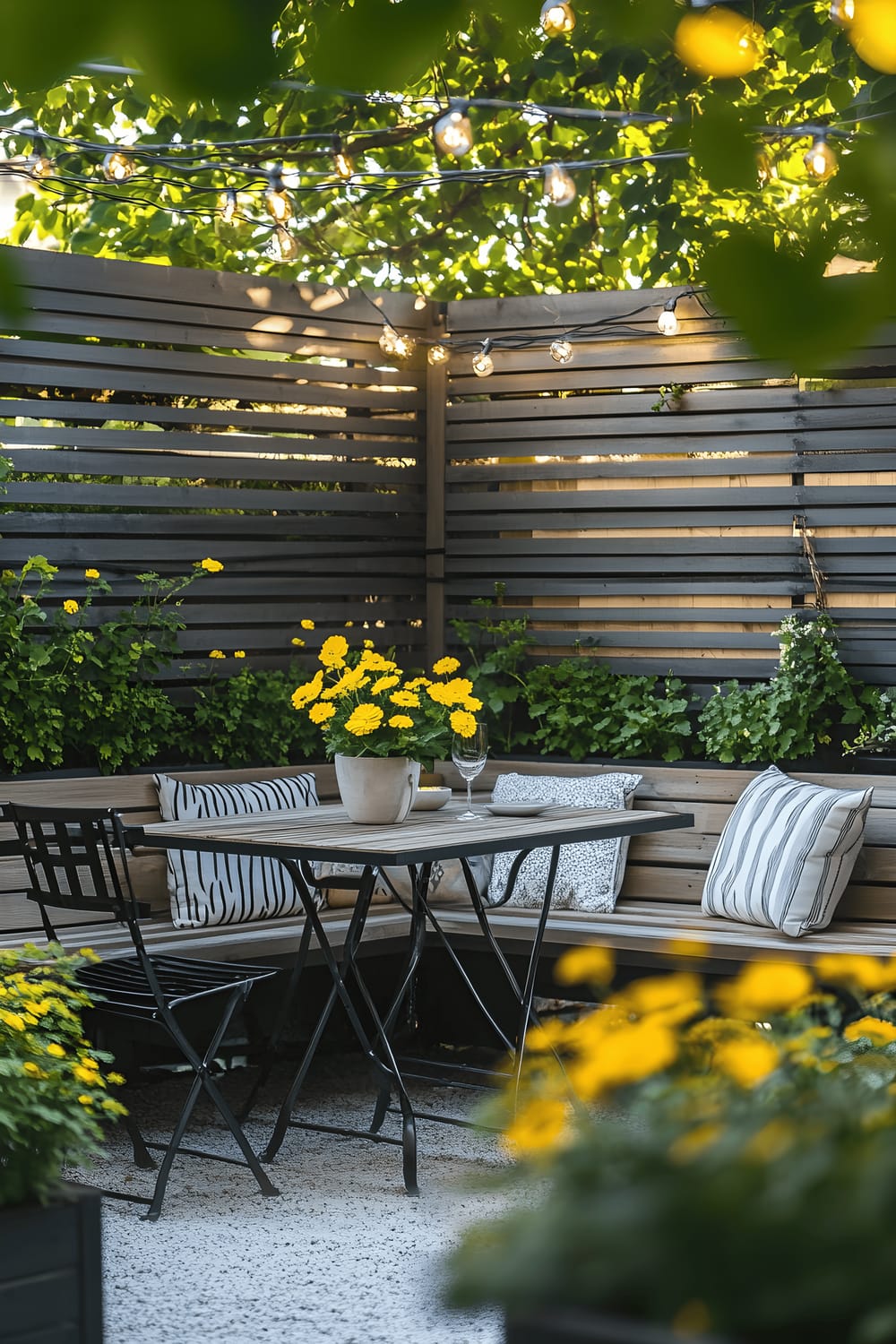 A quaint garden corner featuring a wooden bench with plush cushions, a vintage-style metal table and matching chairs, and vibrant yellow flowers in plant pots. The space is enclosed by a wooden fence, garnished with warm string lights. A compact BBQ grill and assorted vases with fresh flowers contribute to an inviting atmosphere ideal for outdoor dining and relaxation.