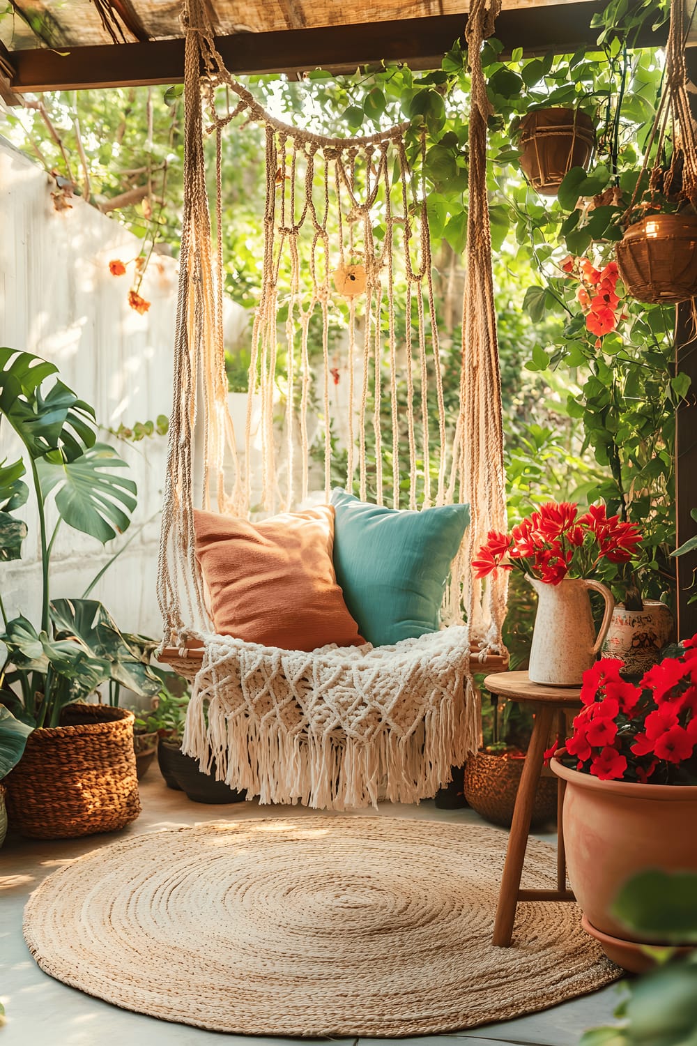 A vibrant back patio featuring a large macramé swing chair adorned with patterned boho-style cushions in colors of turquoise, coral, and mustard. Under the chair is a circular jute rug, and the surrounding area is embellished with luxurious greenery, potted monstera and bird of paradise plants, and a ceramic pot filled with blossoming red geraniums. Positioned next to the swing is a small wicker side table supporting a terracotta jug filled with iced lemonade, glowing in the tranquil golden hour light.