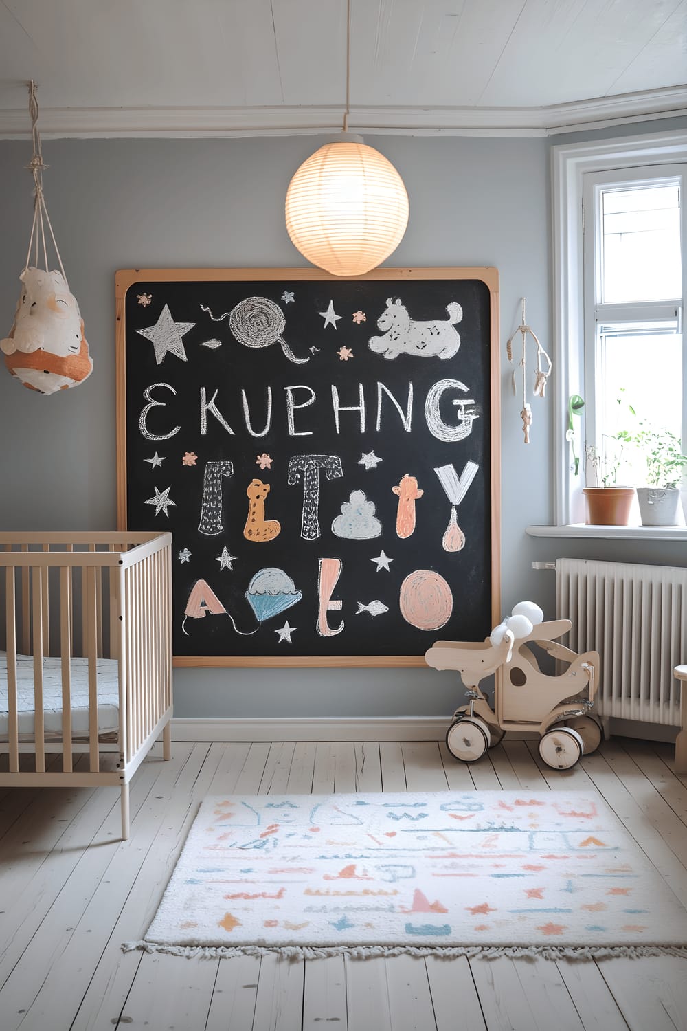 A serene Scandinavian-style nursery with a white crib, light wood furniture, and a chalkboard wall adorned with a large, multicolored chalk alphabet display. Each letter is embellished with simple animal and star illustrations. A window filters in natural light, highlighting the playful chalk accents and creating a peaceful, inspiring setting for a child.