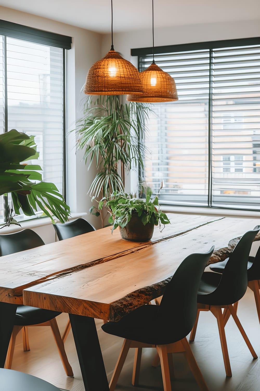 An eco-friendly flat in Battersea showcasing a dining area with a reclaimed wood table and sleek black chairs. The space is filled with abundant indoor plants, several on the table and others by the large windows, dressed with energy-efficient blinds. The room benefits from natural light that shines upon the organic cotton textiles and the wooden flooring. There are eco-friendly lighting fixtures adding a warm glow to the room.