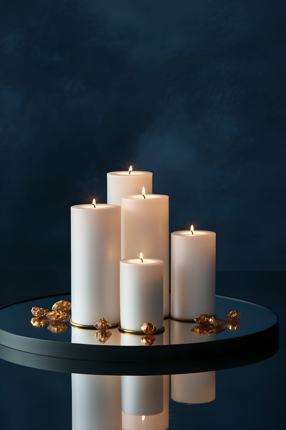 A minimalist arrangement of six (6) white pillar candles standing in thin gold holders at various heights on a reflective black tray. These candles are interspersed with small gold gemstones. The candles and gemstones cast soft reflections on the tray. The whole setting is set against a deep midnight blue, blurred background.